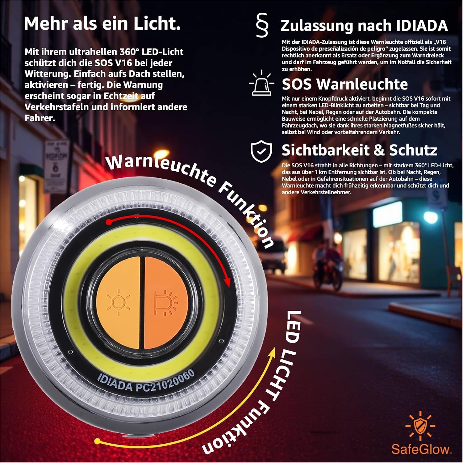 Warnleuchte V16 Notlicht 2026 IDIADA Zulassung Nr. PC21020060 - Warndreieck - Pannendreieck - EU Zulassung - für Auto & Motorrad