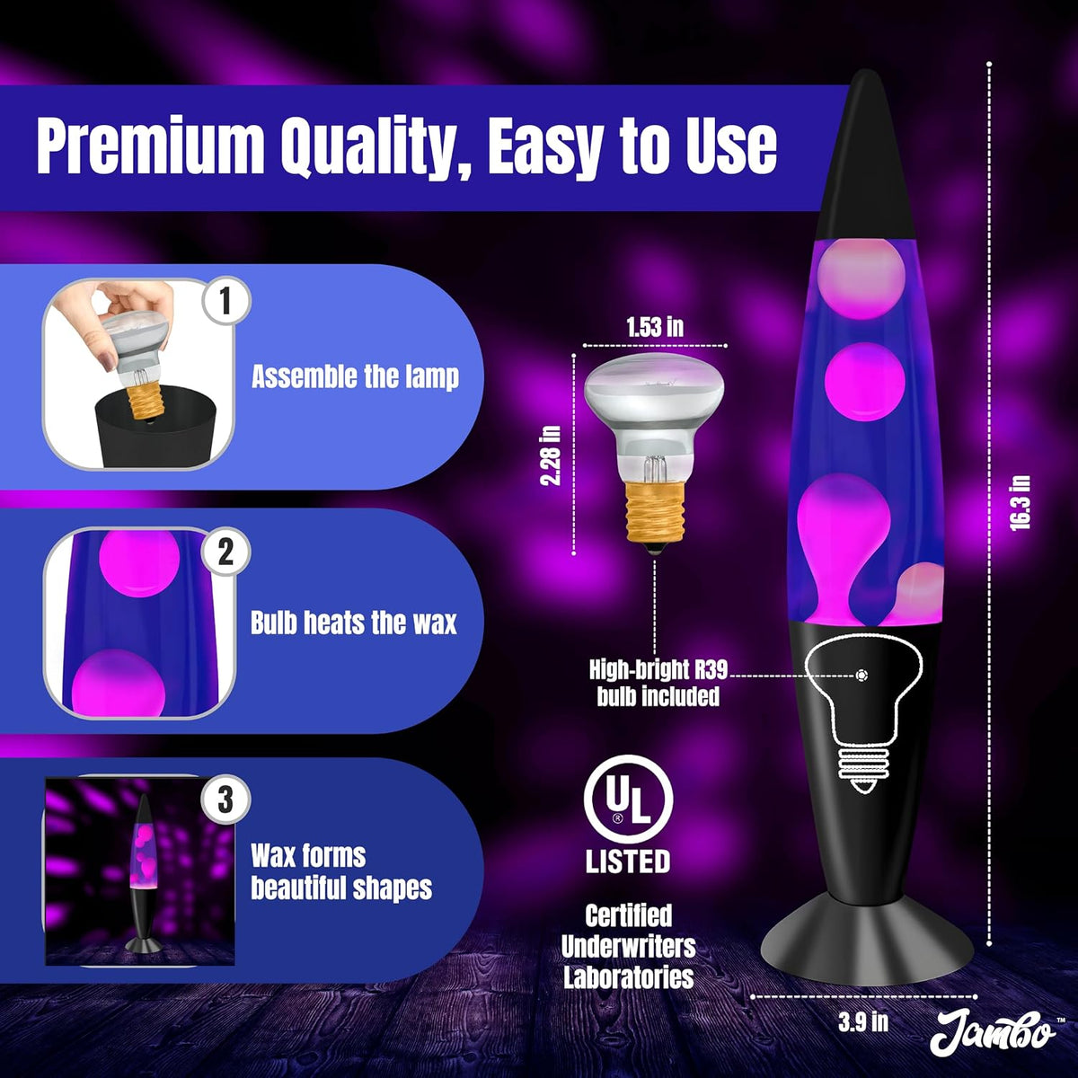 Jambo Liquid-Motion-Lampe mit schwarzem Sockel (Black Base, Purple Liquid, White Wax, 16")