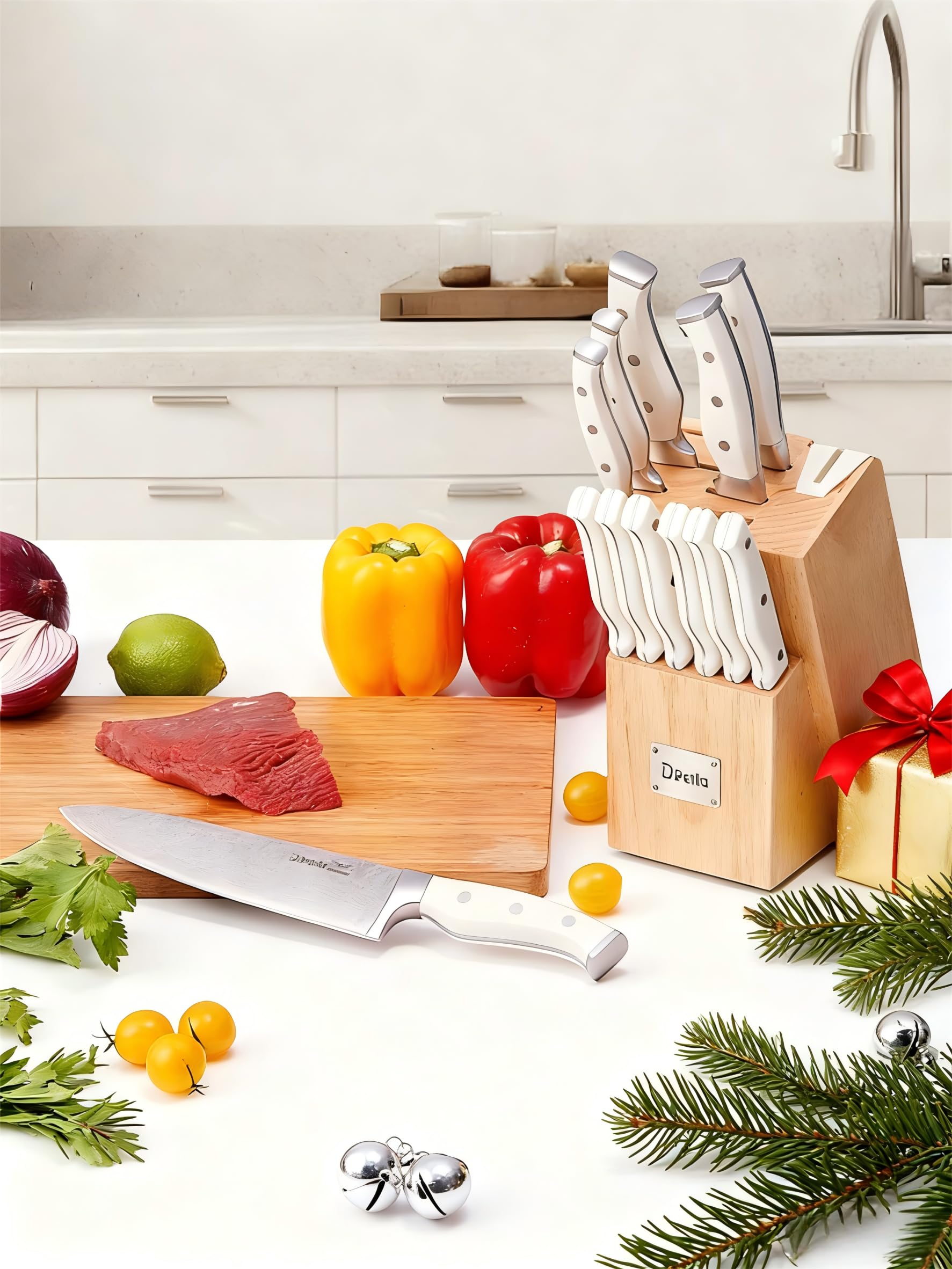 Messerblock Set, 14-teiliger selbstschärfender Messerblock mit Messer, scharfer Edelstahlmessersatz mit Kunststoffgriff und Holzblock, professionelles Küchenmesserset