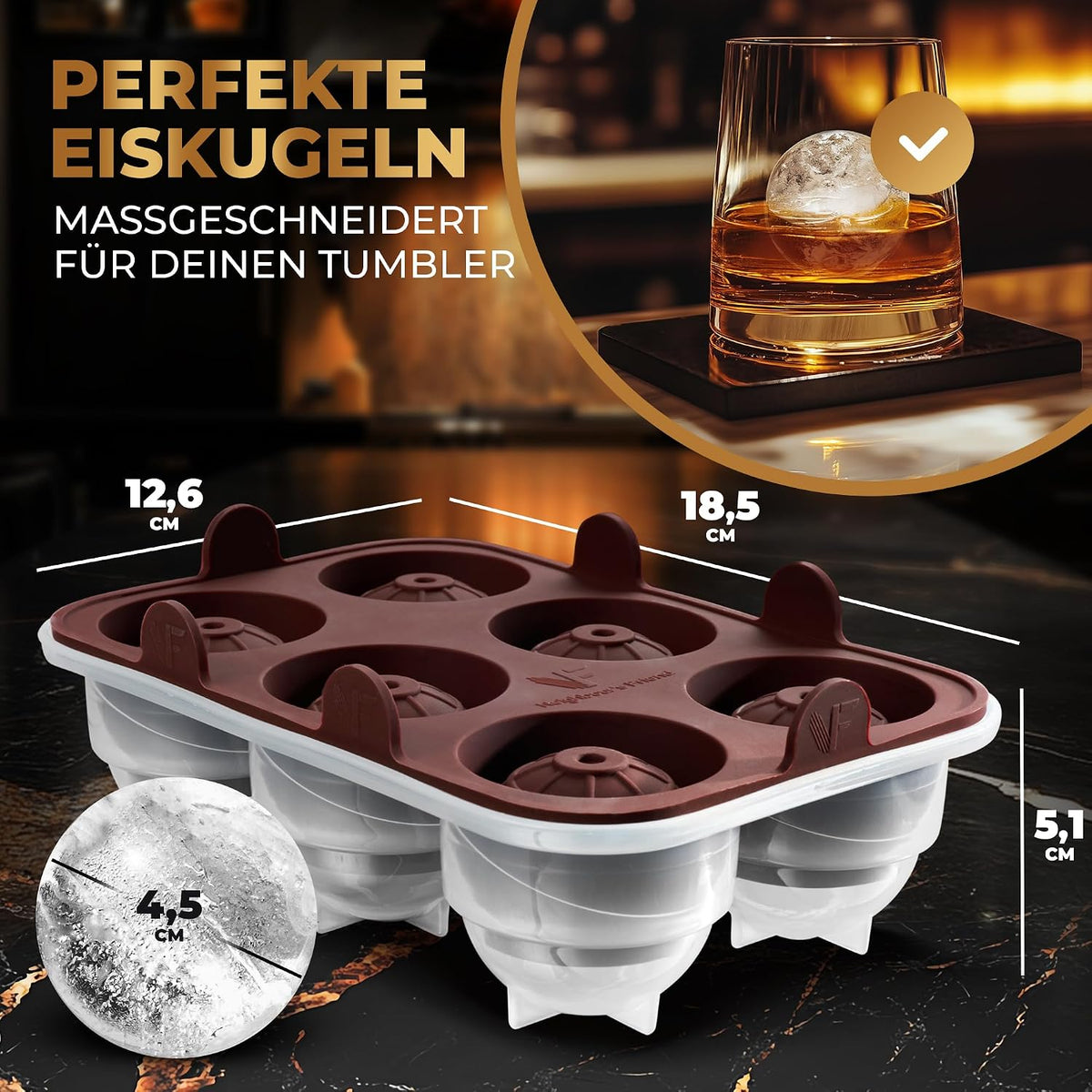 Runde Eiswürfelform 2er Pack - XXL Eiskugelform für Whisky, Rum & Cocktails - 12x Eiswürfel Kugeln - Langlebige Platin-Silikon Eis Kugel Form spülmaschinengeeignet