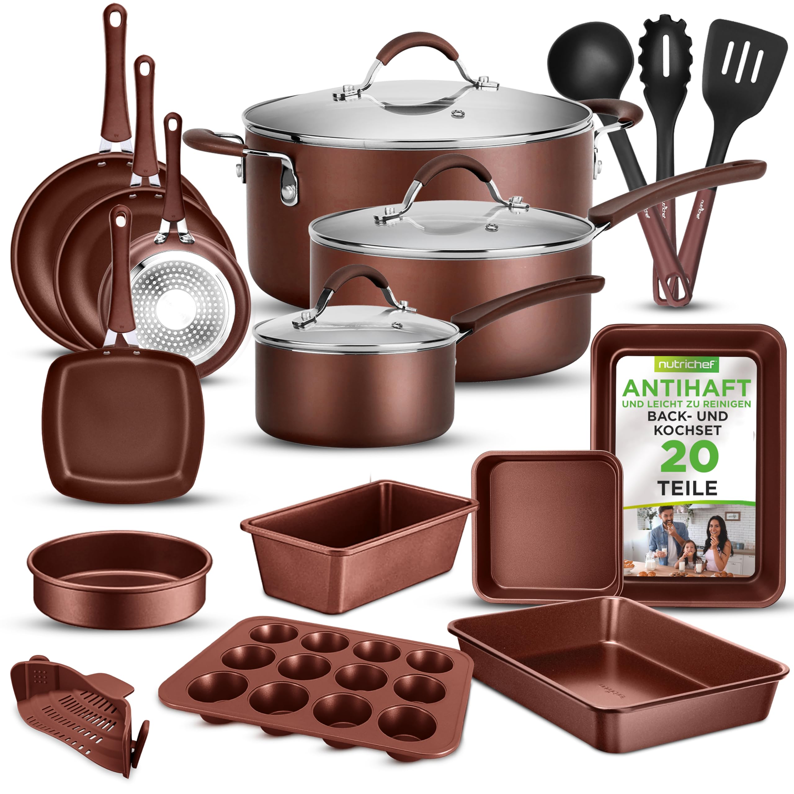 20-teiliges Non-Stick-Saucepan, Pfannen- und Backformset - Kochset PFOA/PFOS frei für Gas, Strom, Keramik und Induktion - Enthält Pfannen, Töpfe, Backdosen, Laibdose, Muffinform