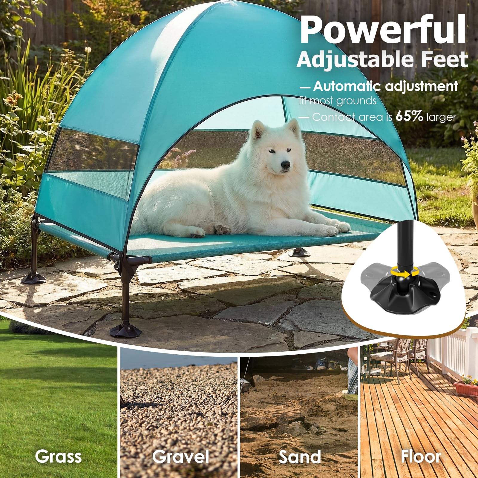 Erhöhtes Hundebett Outdoor mit UV-beständiges Dach，Hundeliege Klappbar mit Anti-Rutsch-Füßen, Hundezelt Outdoor mit Großem Schatten, Kühlendes ErhöHtes Hunde Bett für Camping, Garten & Pool (Grau, L)