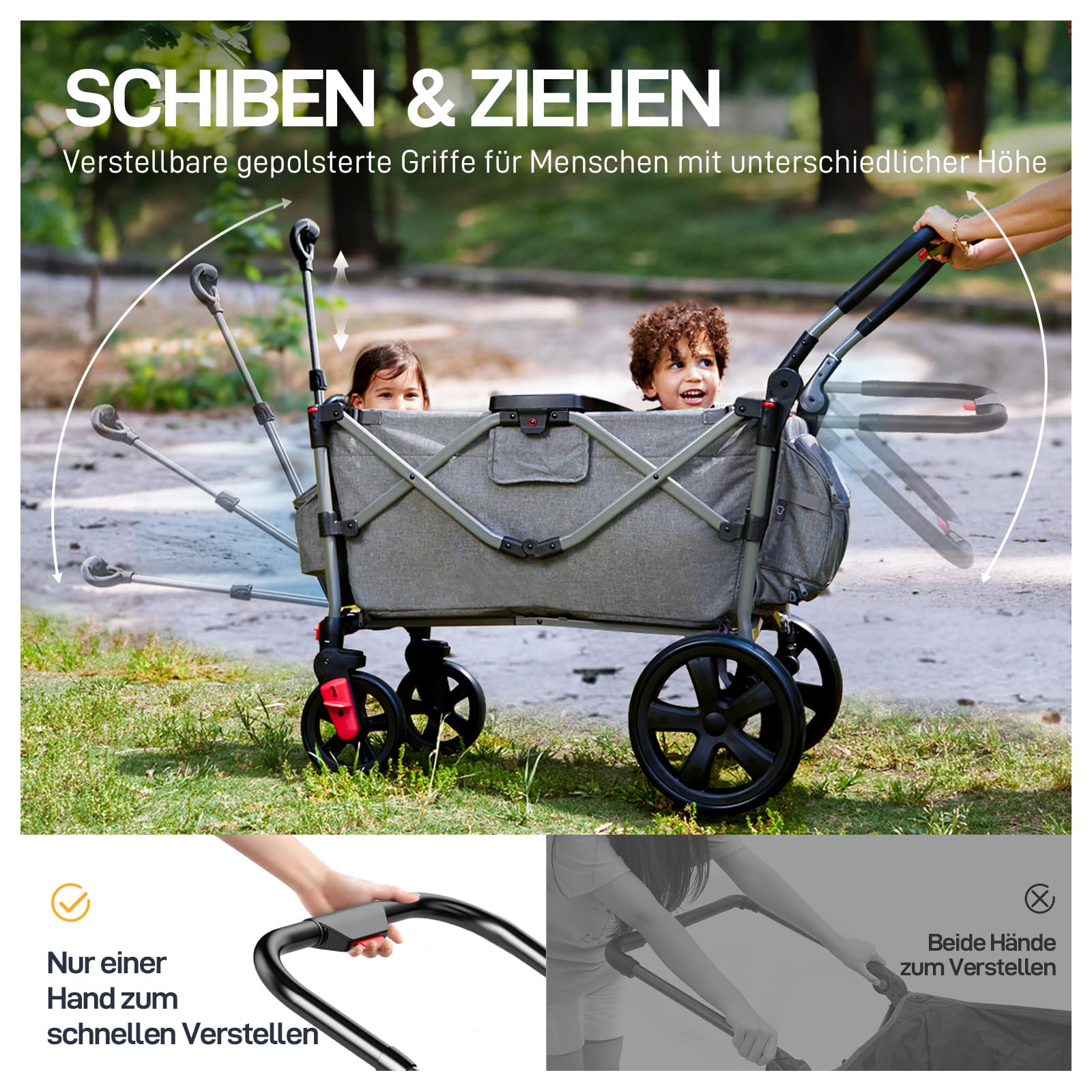 Bollerwagen für 2 Kinder Faltbar mit Dach, Kinderwagen 2x5 Punkt Sicherheitsgurt mit Wickelrucksack, Bollerwagen mit Sitz, Handwagen Transportwagen, Ziehen & Schieben, Fußbremse