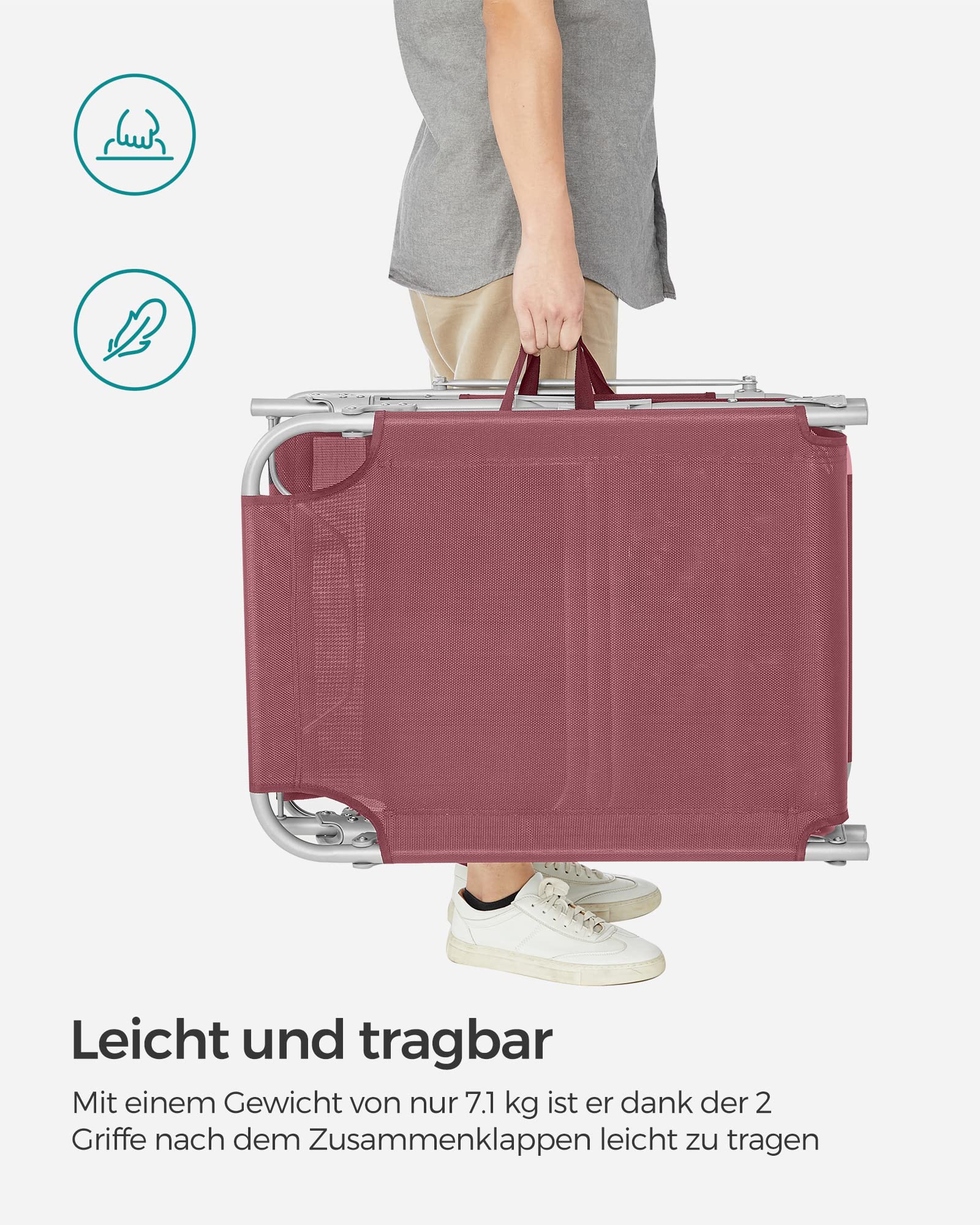 Sonnenliege, klappbarer Liegestuhl, 193 x 53 x 29 cm, trägt bis zu 150 kg, Sonnenschutz, Kopfkissen, verstellbare Rückenlehne, für Garten, Pool, Terrasse