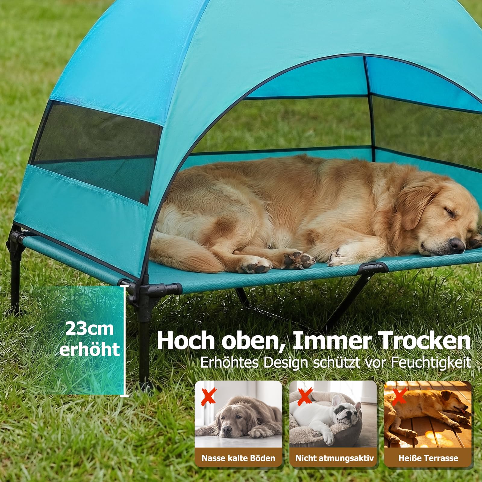 Erhöhtes Hundebett Outdoor mit UV-beständiges Dach，Hundeliege Klappbar mit Anti-Rutsch-Füßen, Hundezelt Outdoor mit Großem Schatten, Kühlendes ErhöHtes Hunde Bett für Camping, Garten & Pool (Grau, L)