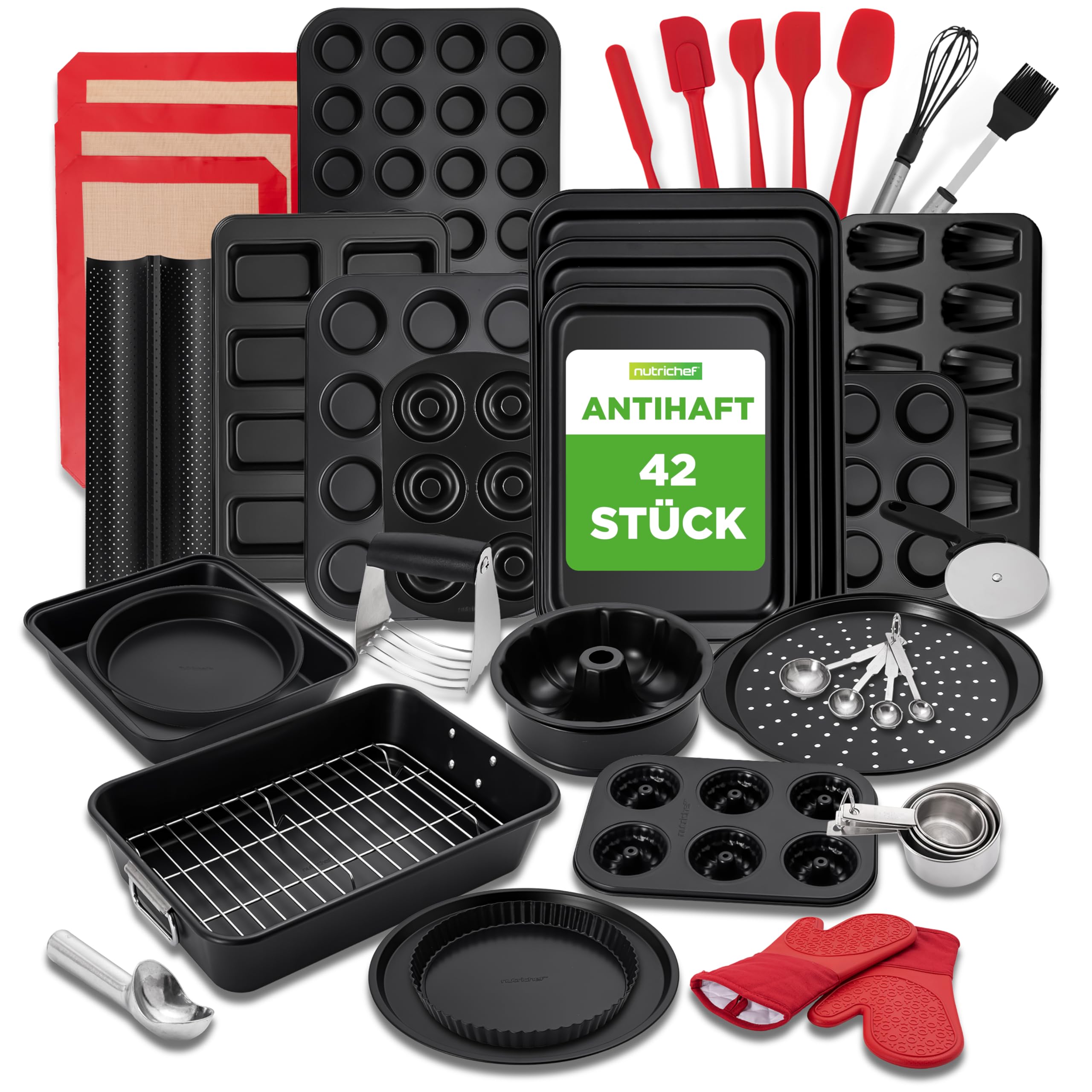 Töpfe & Pfannen Set, 21-teiliges Anti-Stick-Kochen und Backset mit Muffinform, Brot & Pizza Tray, Utensils, für Gas, Elektrik & Keramik, für moderne Haushalte und Hobbybäcker, Schwarz