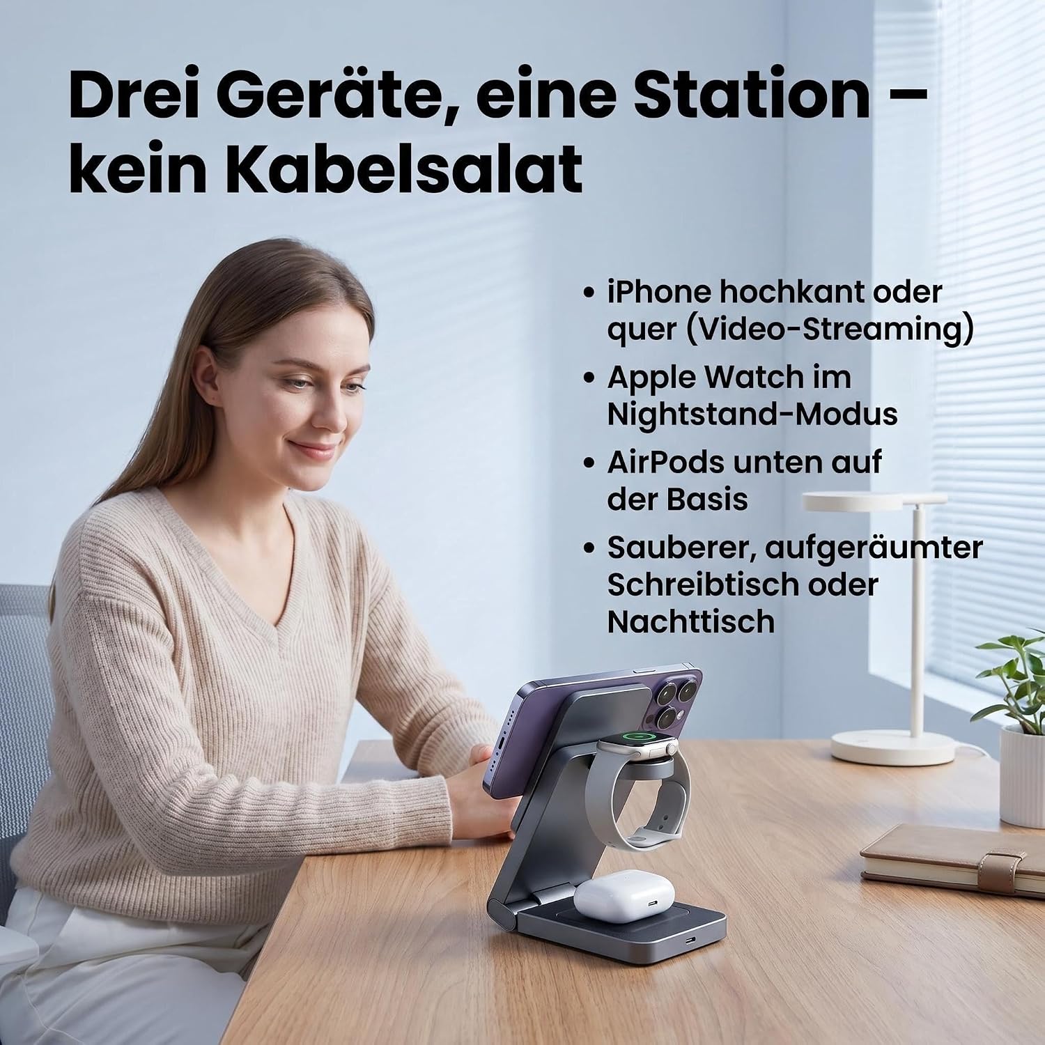 3 in 1 MagSafe Induktive Ladestation, Kabelloses Ladegerät QI2.2 | Magnet Induktionsladegerät für iPhone 12-17 Serie/Apple Watch/AirPods, Wireless Charger Stand mit 20W Adapter, Silber-Schwarz