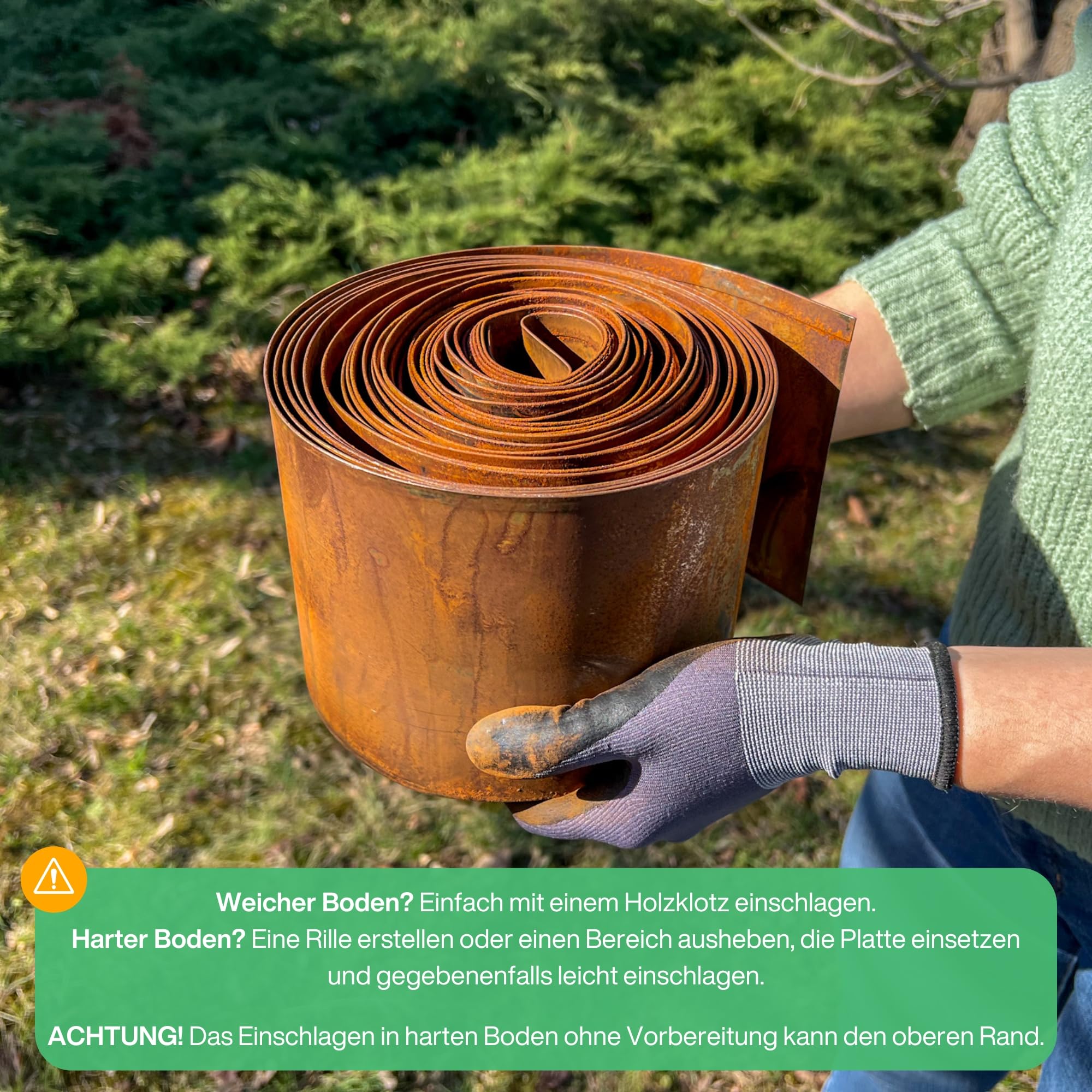 Stahl Rasenkante 10 m, Metall Blumenbettkante 14 cm hoch, einfache Montage, Blumenbettrand mit Rost, 1 Paar Montagehandschuhe inklusive