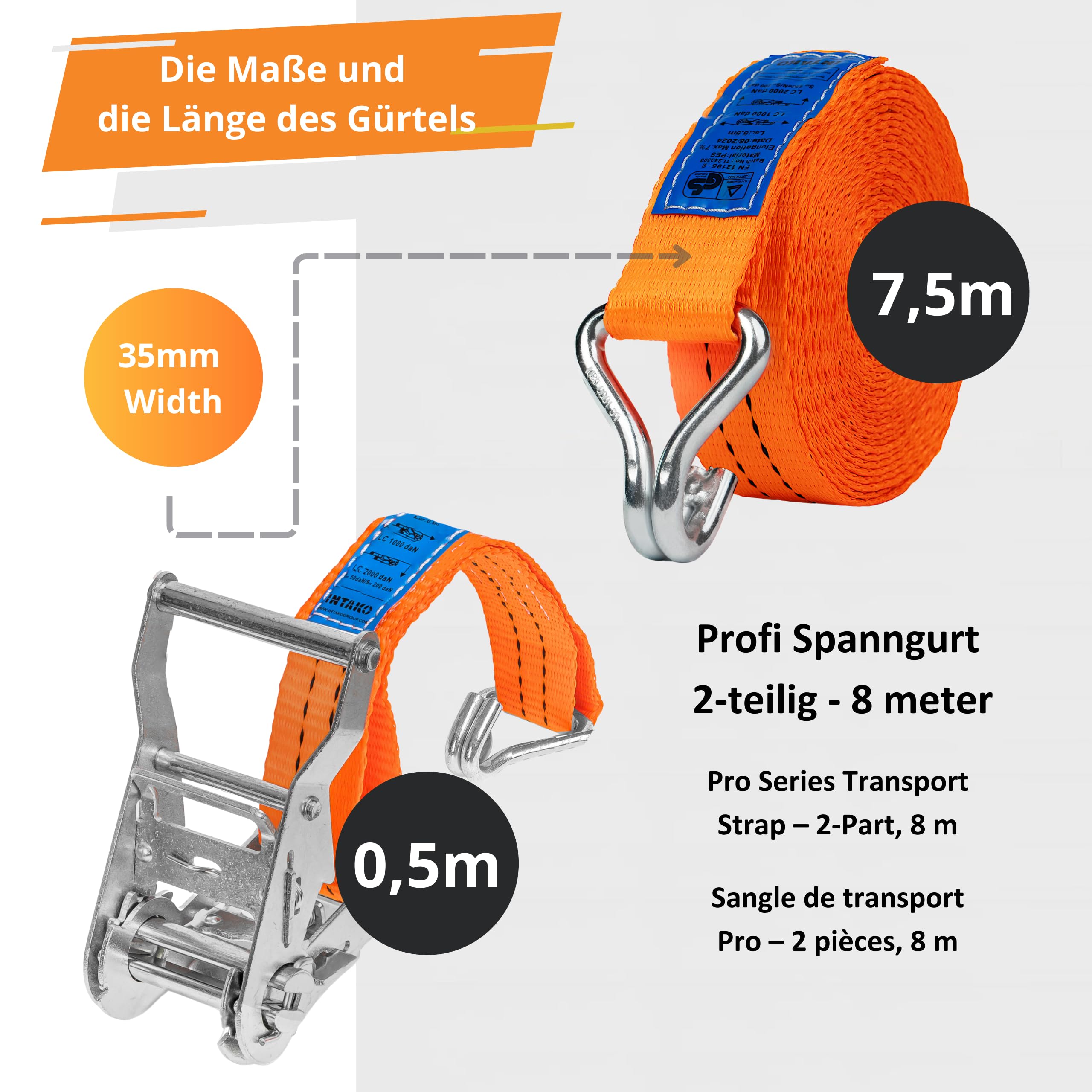 Spanngurte mit Ratsche und Haken - 4m / 6m / 8m - 2000kg 35mm - 4 Stück - Ratschen Set - Ratschengurt 2-Teilig - Zurrgurt Orange - TÜV GS Geprüft und gemäß DIN EN 12195-2 (Orange, 6m)