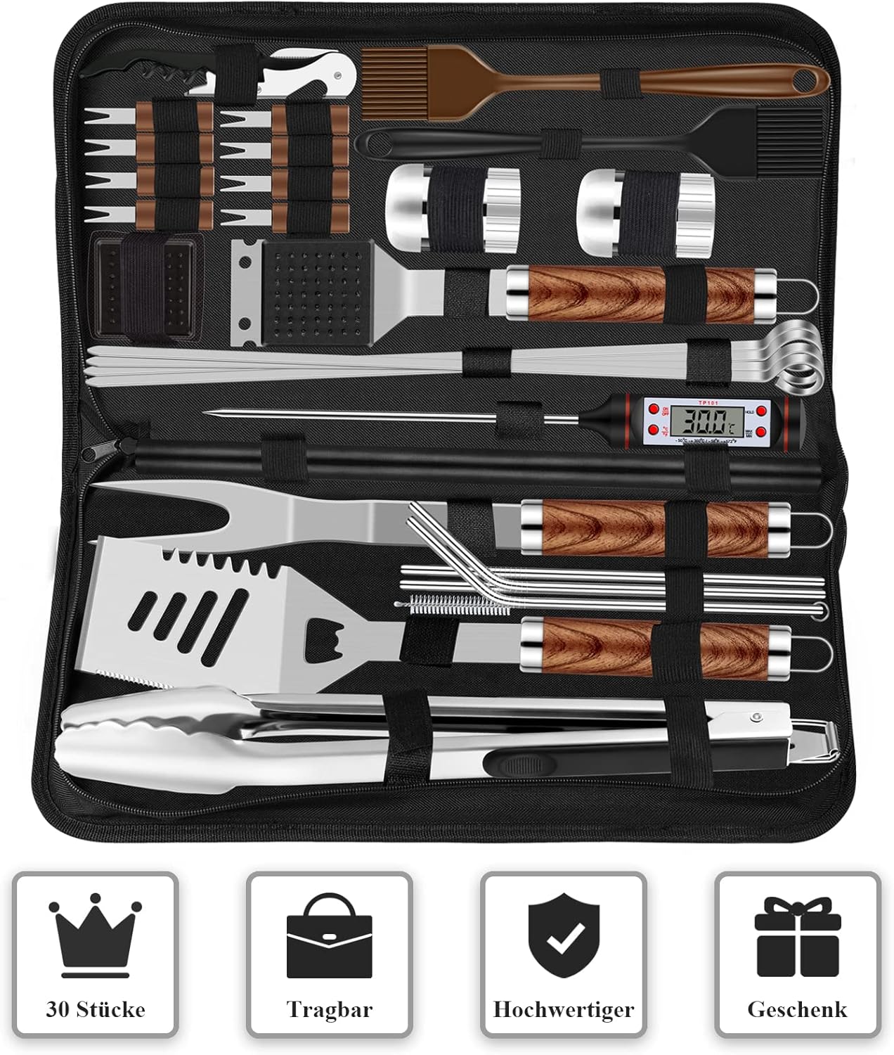 BBQ Grillbesteck Set 30 Grillzubehör aus Hochwertiger Edelstahl Grillzange Grillspachtel Korkenzieher Grillset mit Grillkoffer und Grillmatte für Männer Geschenk für Garten Camping Braun