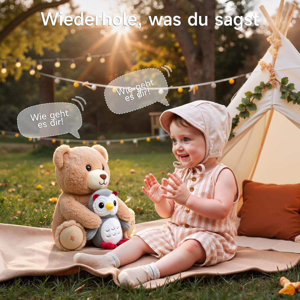 Musikalischer Kuschelbär mit Eule, Interaktives Sprechendes Plüschtier, Aufnahme Wiederholungsfunktion Stofftier, Geschenk für Kinder, Baby