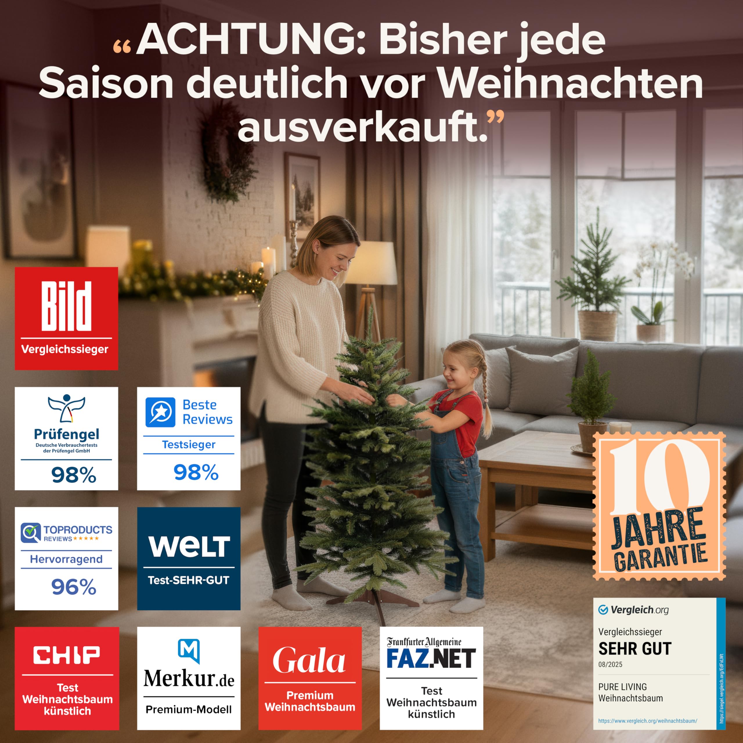 Künstlicher Weihnachtsbaum - Lebensähnlich, besonders dichte Äste, einfache Montage, Made in EU - Premium-Weihnachtsbaum mit Holzständer, Aufbewahrungstasche - Eleganter Nordmann Tannenbaum / Varianten Auswahl - Restposten Neu & OVP!