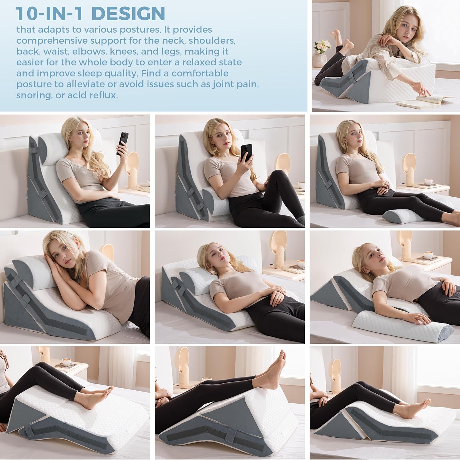 3-in-1 Orthopädisches Bettkeilkissenset, verstellbarer Memory-Schaum, Faltdreieckkissen zur Unterstützung von Beinen, Knien, Schlafapnoe, Rückenschmerzen, Linderung von Sodbrennen, Schnarchen