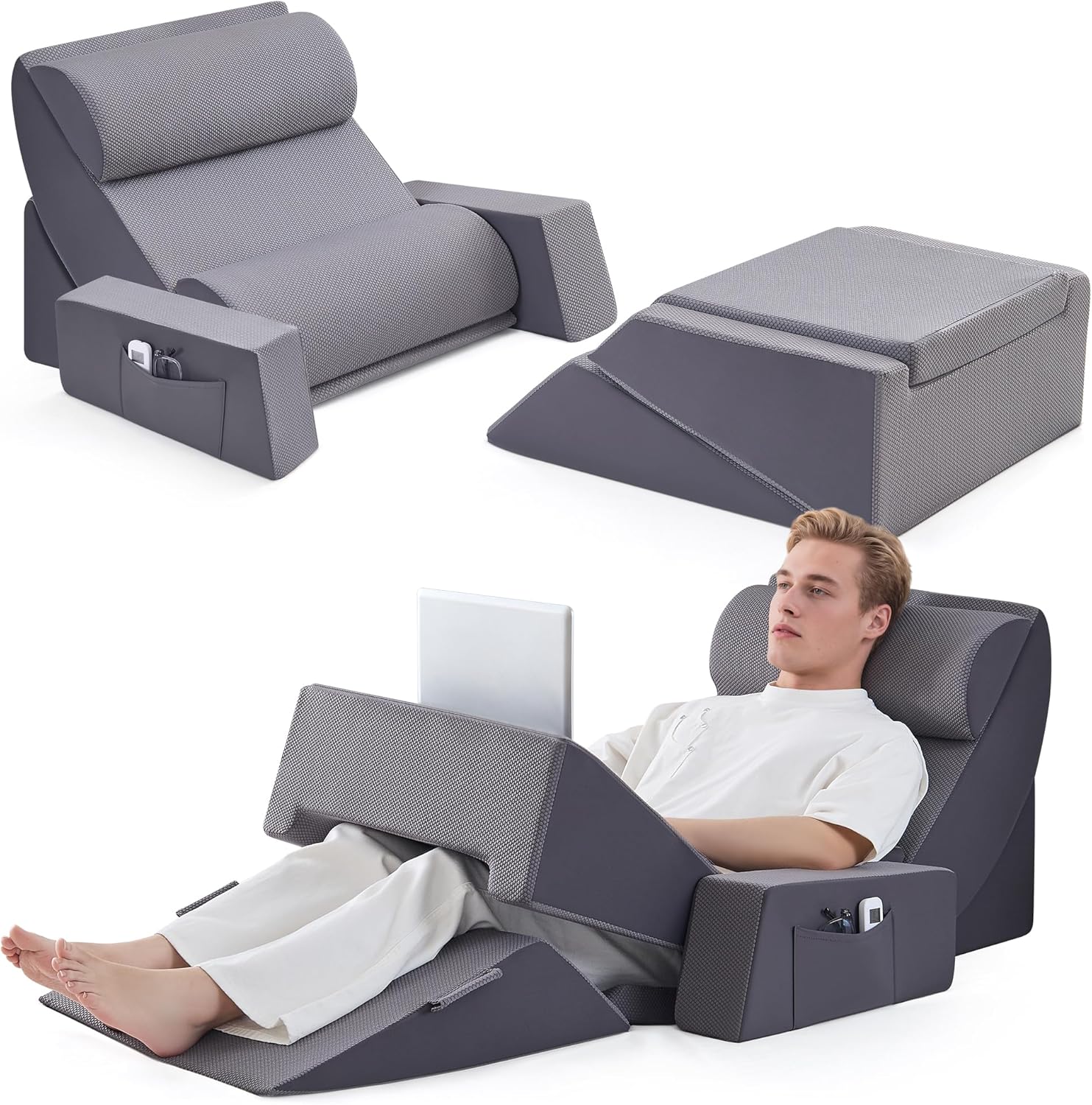9PCS Orthopädische Bett Keil Kissen Set,Post Chirurgie Schaum Kissen für Körper, Rücken und Beine Schmerzlinderung,Justierbare Stützkissen mit Säure Reflux Bed Wedge Memory Foam Durchgehend dunkelgrau