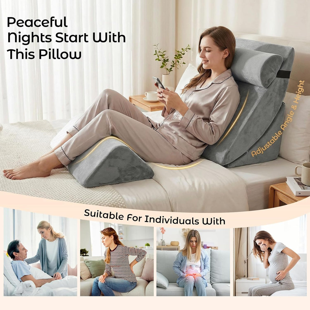 4-teiliges Keilkissen-Set aus Memory-Schaumstoff, Höhenverstellbare Schlaf- und Lesekissen für Sofa und Bett, Waschbare Bezüge in Grau