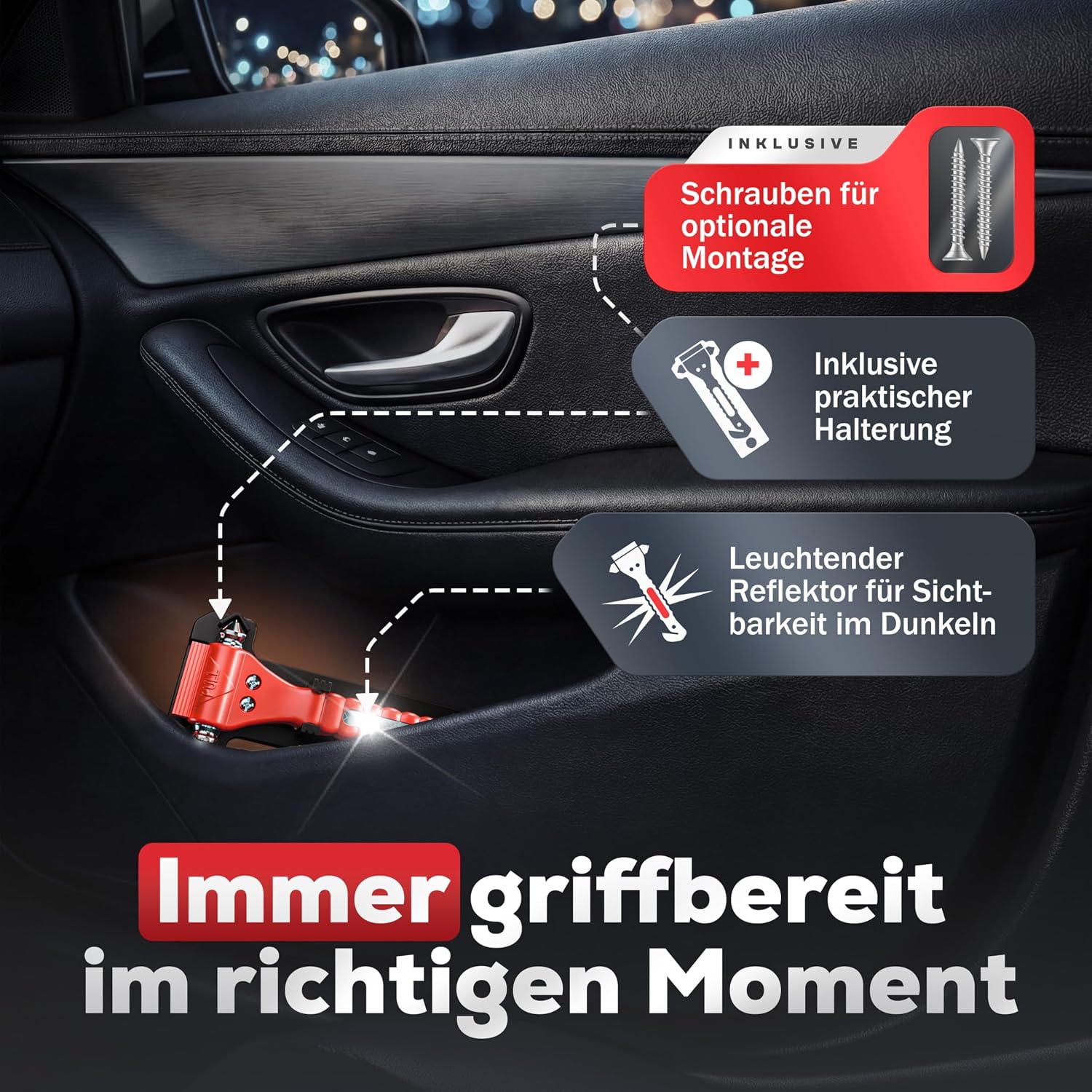 Nothammer Auto mit Gurtschneider TÜV GS Zertifiziert [2er Set] - Notfallhammer mit gehärteten Spitzen und Reflektoren - Notfall Hammer, Sicherheitshammer mit Gurtmesser