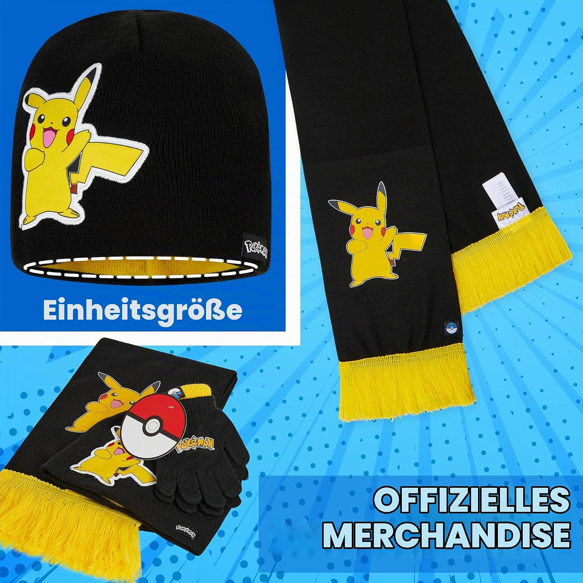 Pokemon Mütze, Schal & Handschuhe Jungen 4-12 Jahre, 3 Stück Warme Kinder Winter Set für kalte Tage, Anime Geschenke für Jungen
