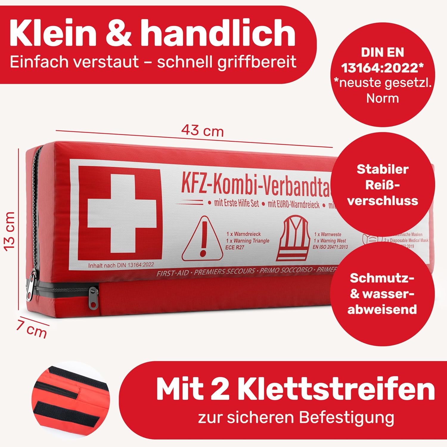 KFZ Kombitasche (3 in 1) nach aktueller Norm 2026 - Inkl. Warndreieck, Warnweste - Verbandskasten Warndreieck Set Verbandskasten Auto DIN 13164:2022