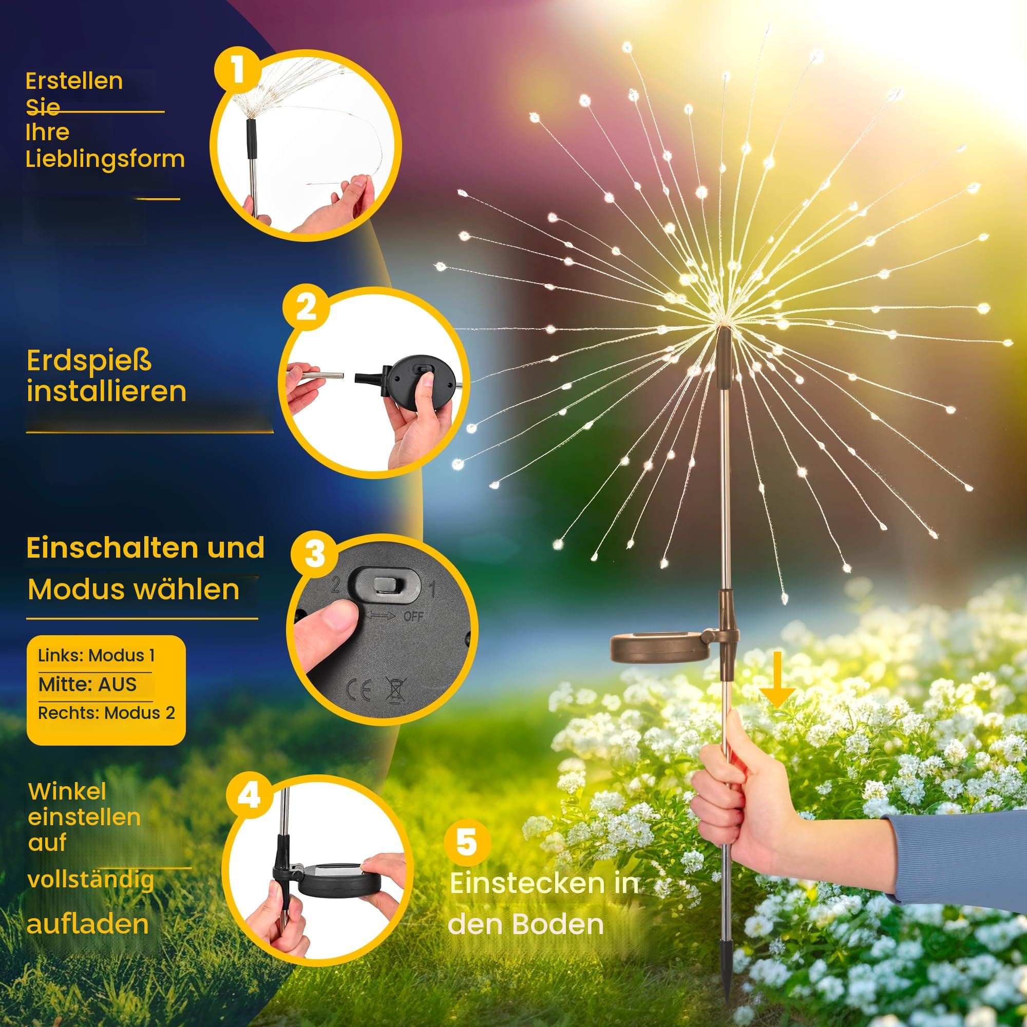 Gartendeko Solarleuchten für Außen,4 Stück 120 LED Feuerwerk Solarleuchten, Wetterfest Pusteblume Solarlampen für Balkon Terrasse Blumenkästen Hof Deko