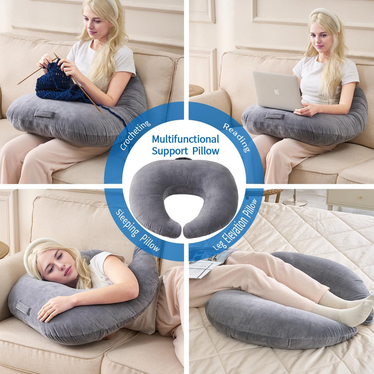 Lesekissen, ergonomische Armstütze zum Spielen, Häkeln, Laptop-Stützkissen zum Sitzen im Bett & Sofa, Haltungskorrektur-Kissen für den Schoß, Samtbezug waschbar (Soft Grau)