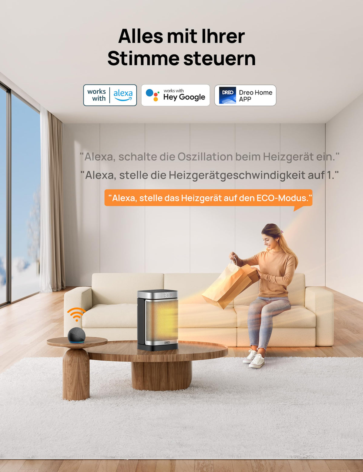 Heizlüfter Energiesparend Klein, 1500W Heizung Elektrisch mit Thermostat, 70° Oszillierend Elektroheizung, PTC Keramik Heizlüfter Leise, ECO-Modus, 12-Std-Timer, Überhitzungs- & Kippschutz