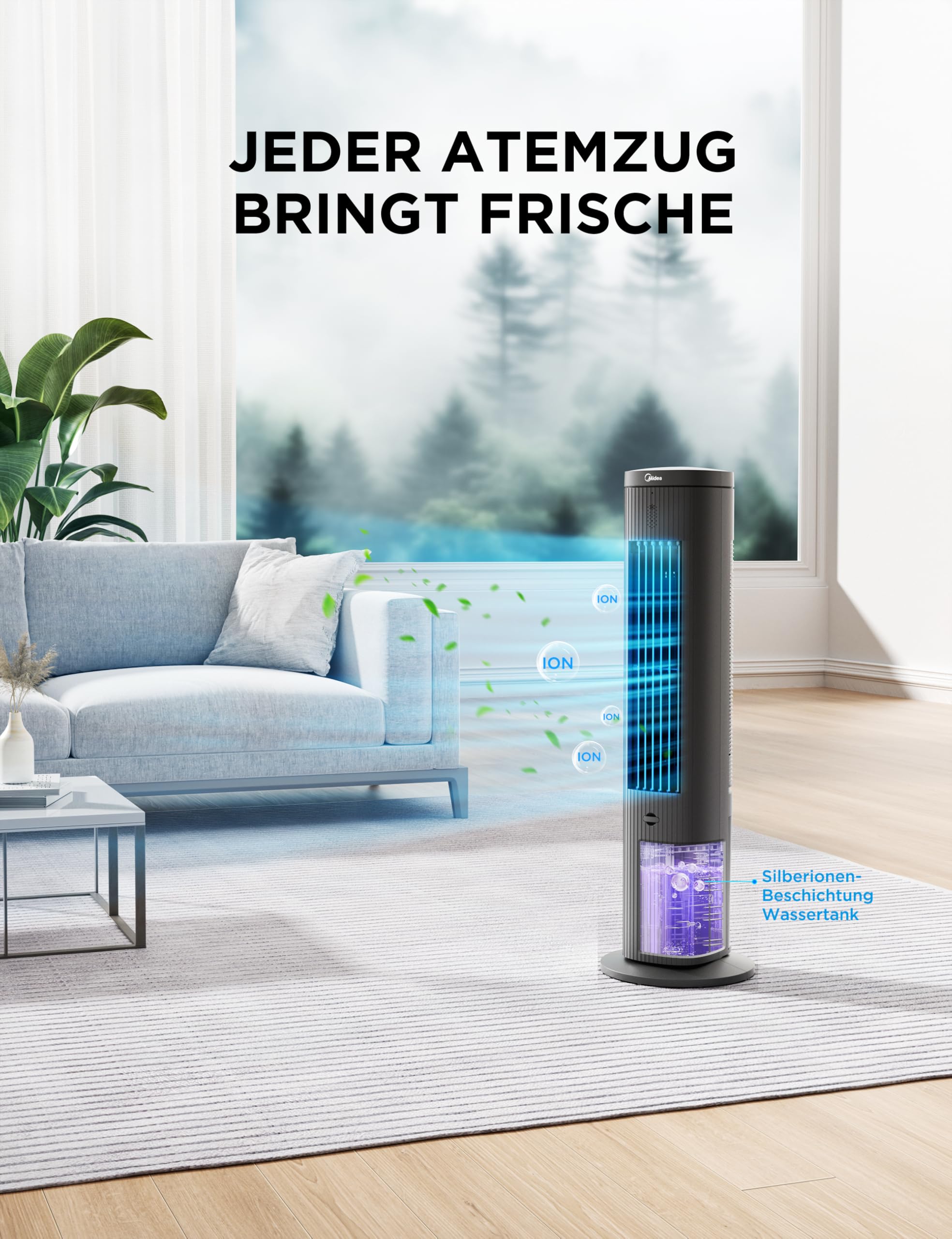 4-in-1 Mobile Klimaanlage Leiser:Luftkühler,Turmgebläse,Luftbefeuchter und Luftreiniger,mit Fernbedienung,5L Wassertank,355m³/h Luftdurchsatz,55W,LED-Display,Timer,Weiß