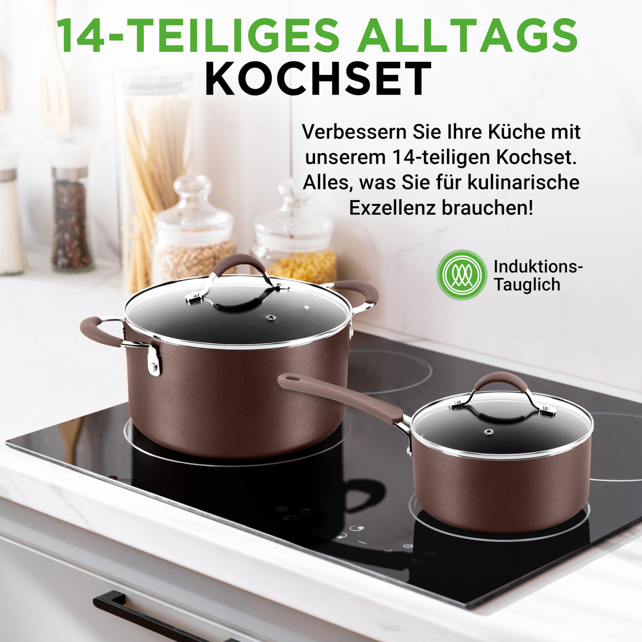 Induktions-Saucepan-Set, 14 Stück, Non-Stick-Beschichtung, Töpfe & Pfannen PFOA/PFOS frei, Kochtopf-Set, Küchenset, Edelstahl, Aluminium - Hochwertiges Kochgeschirr / NEU & OVP!