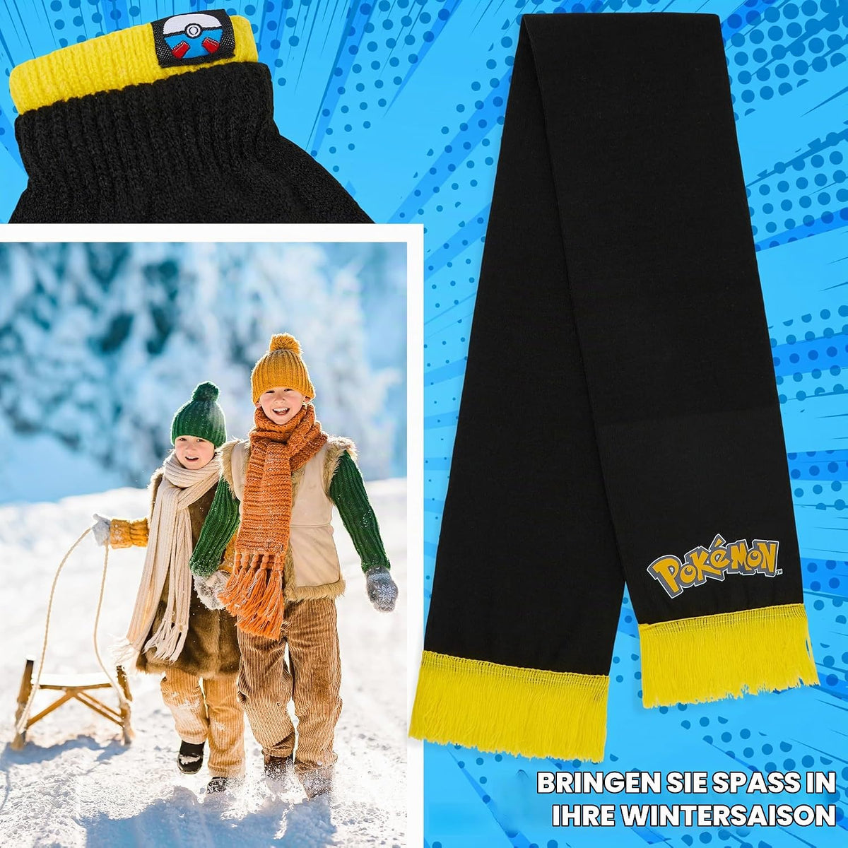 Pokemon Mütze, Schal & Handschuhe Jungen 4-12 Jahre, 3 Stück Warme Kinder Winter Set für kalte Tage, Anime Geschenke für Jungen