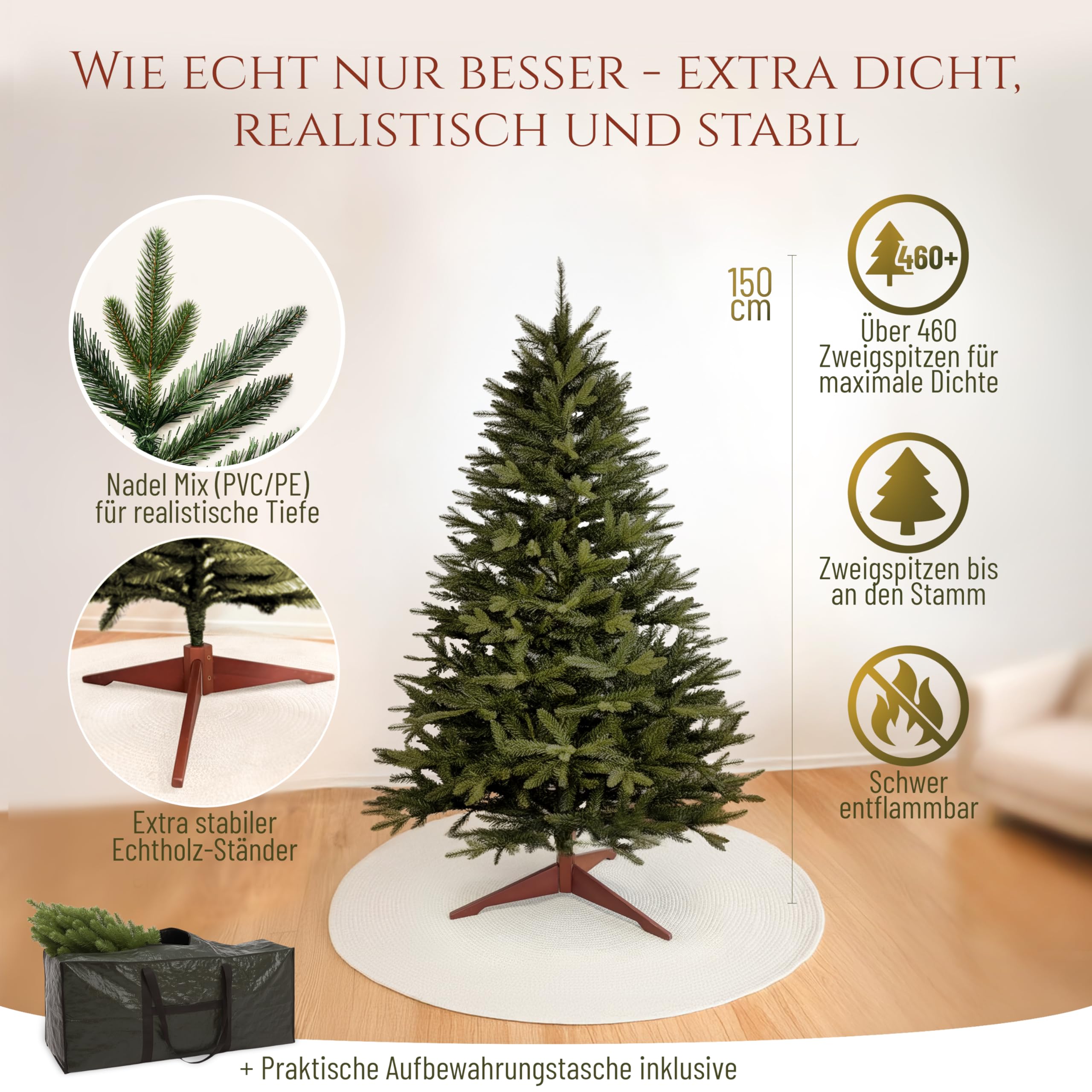 Künstlicher Weihnachtsbaum - Lebensähnlich, besonders dichte Äste, einfache Montage, Made in EU - Premium-Weihnachtsbaum mit Holzständer, Aufbewahrungstasche - Eleganter Nordmann Tannenbaum / Varianten Auswahl - Restposten Neu & OVP!