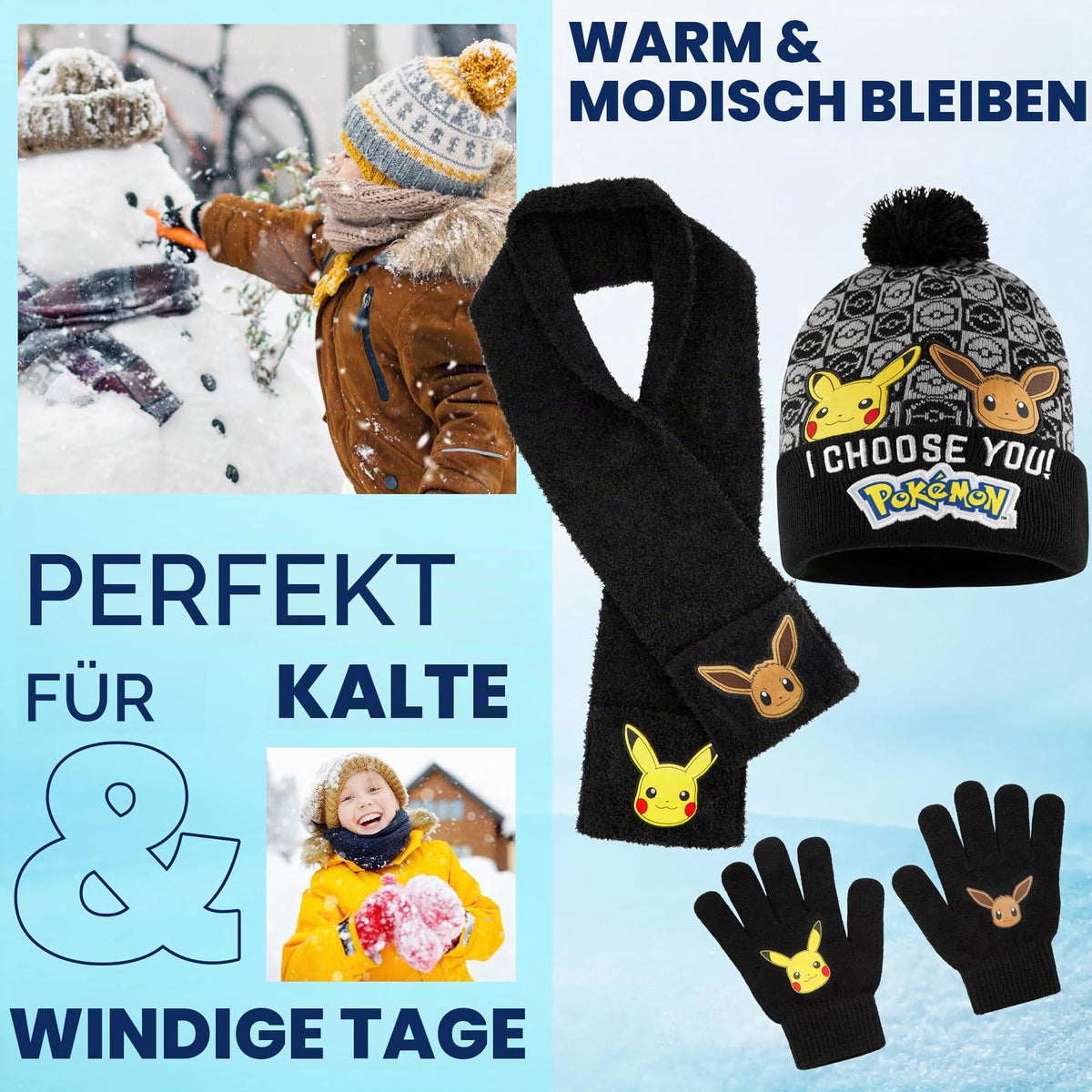 Pokemon Mütze, Schal & Handschuhe Jungen 4-12 Jahre, 3 Stück Warme Kinder Winter Set für kalte Tage, Anime Geschenke für Jungen