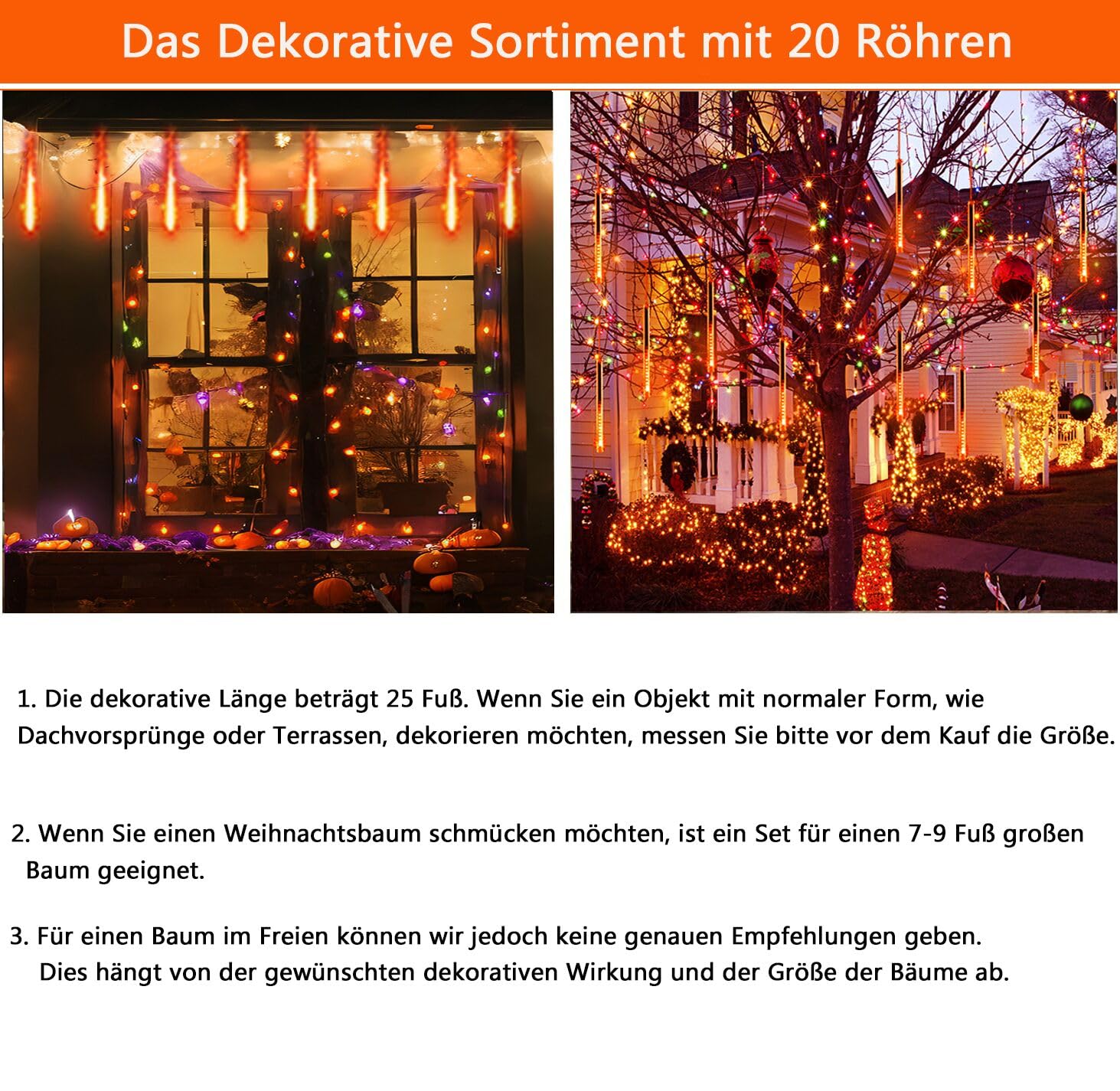 Weihnachtsdekoration im Freien, 20 Röhren (entspricht 2 Sätzen von 10 Röhren) Meteorschauer Feenlichter, wasserdichte Feenlichter für Weihnachten, Halloween, Baumhof, Weihnachtsdekoration im Freien, Blau