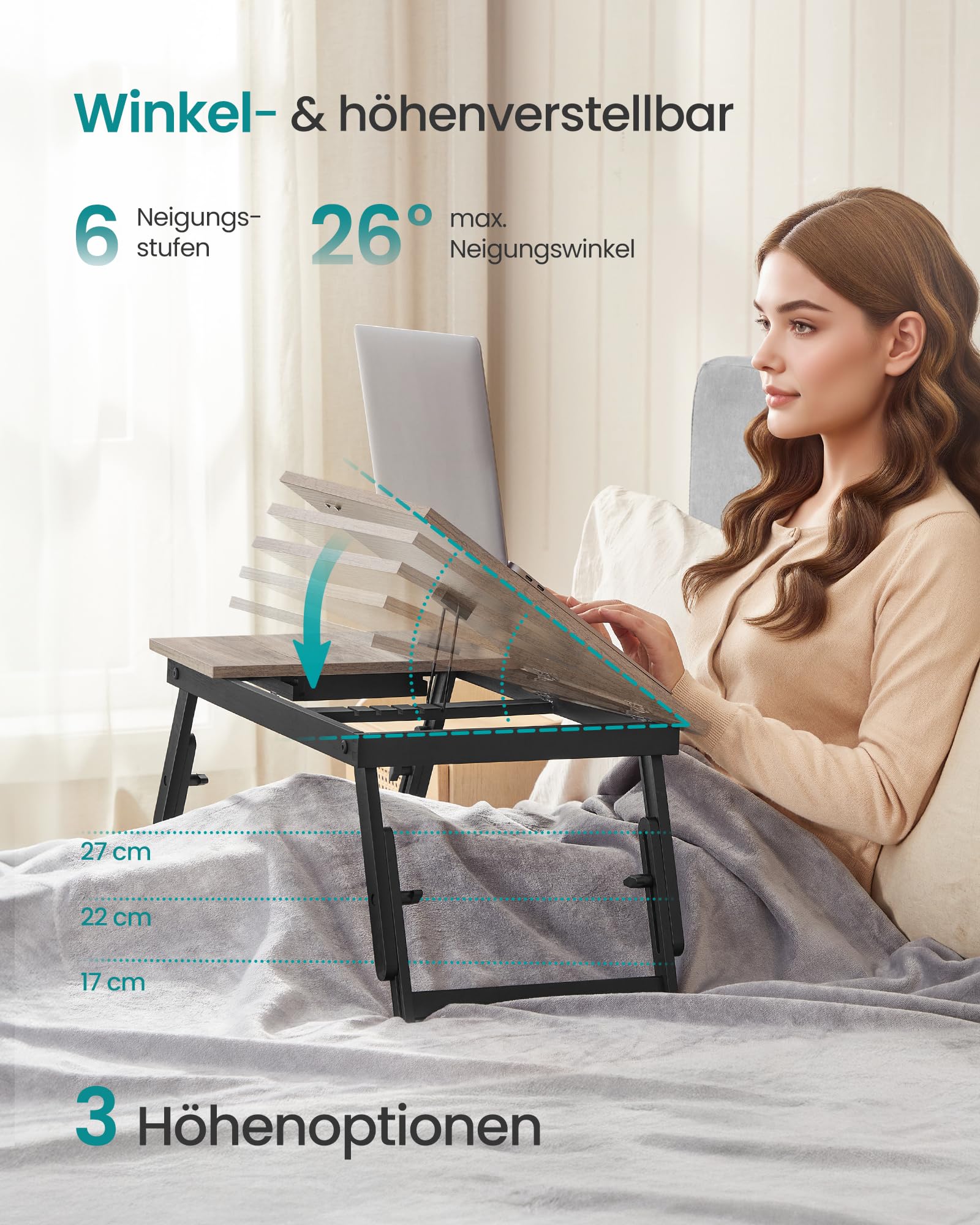 Laptoptisch für Bett, Laptopständer, Winkel- und höhenverstellbar, klappbare Beine, für Laptops bis 15,6 Zoll, Arbeiten, Lesen, Bambusbeine, Schublade, 55,5 x 34,9 cm, vintagebraun LLD105B01