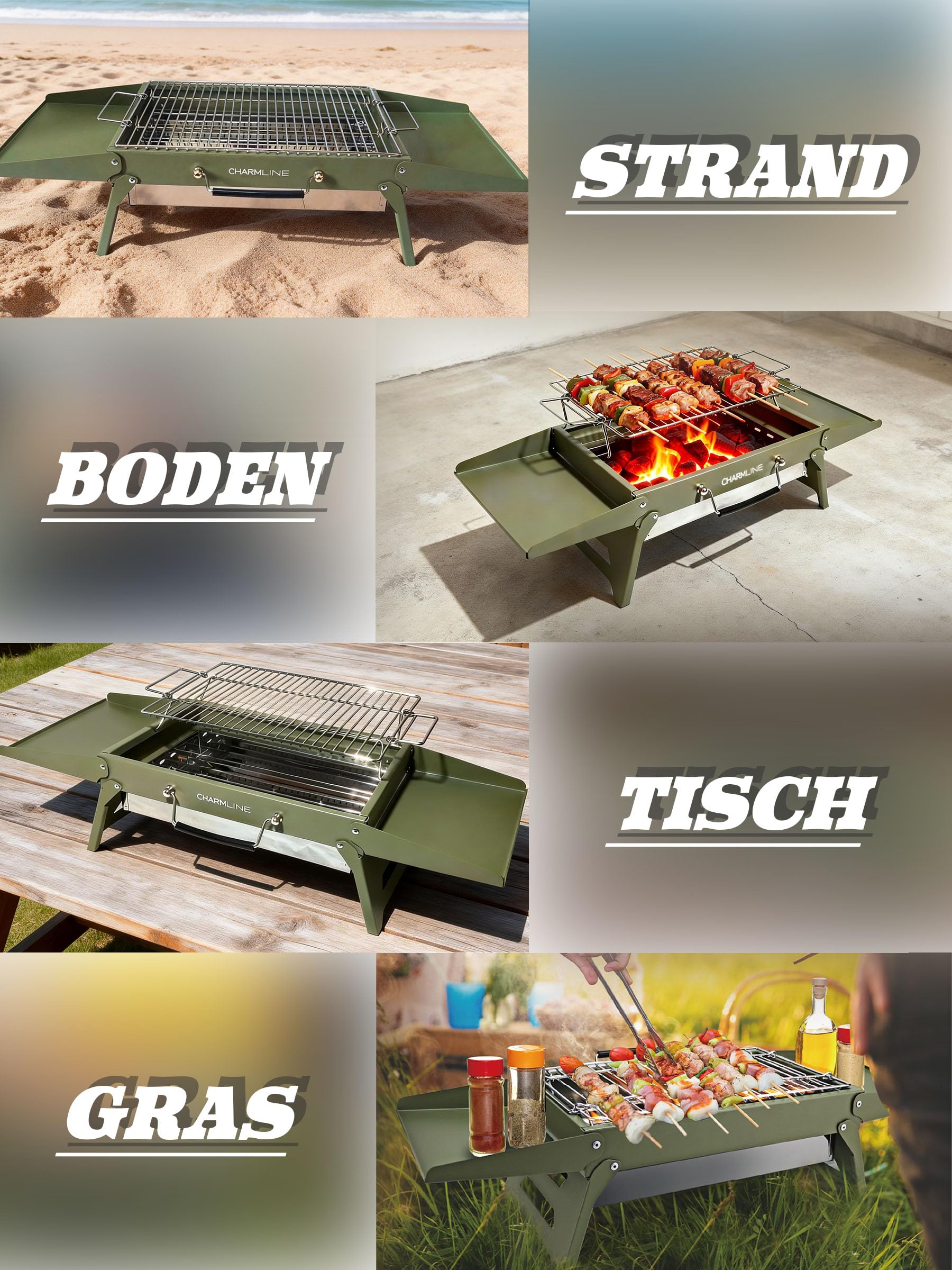 Tragbarer Holzkohlegrill, Klappbarer Campinggrill 35 x 23 cm für 1–3 Personen, Mini BBQ Grill für Balkon, Garten, Camping, Picknick und Strand