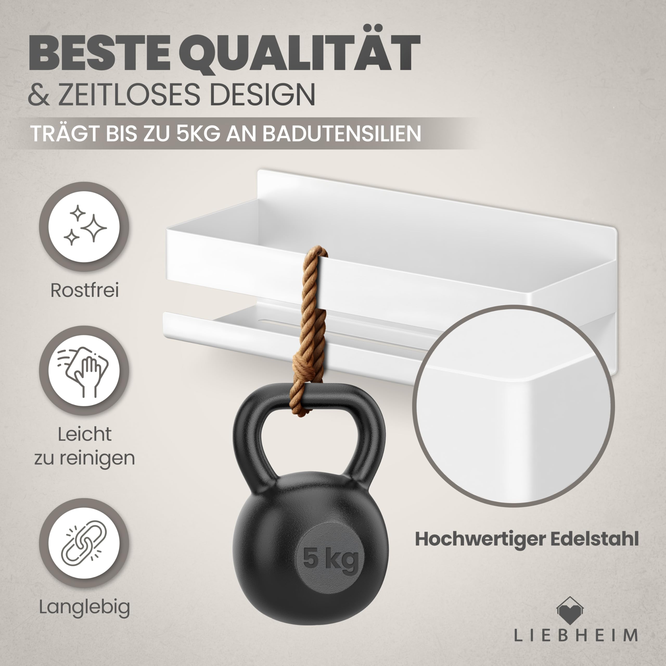 Duschablage Ohne Bohren - Badregal - Duschkorb - Bad Organizer | Massiv - silber gebürstet - 22 cm x 9 cm - 2 Klebevarianten für Nass- und Trockenbereich