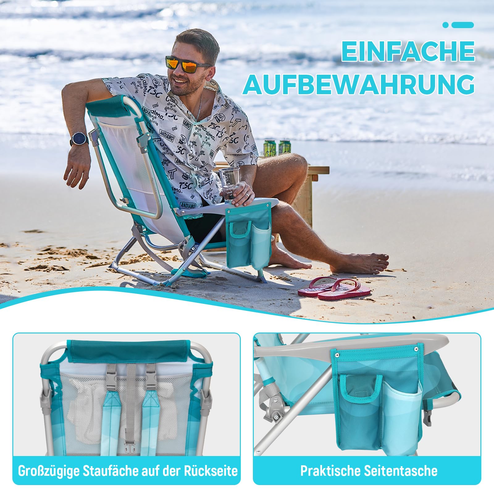 Strandstuhl klappbar Alu Hochlehner Klappstuhl 4 Position Leicht tragbar stabiler Campingstuhl