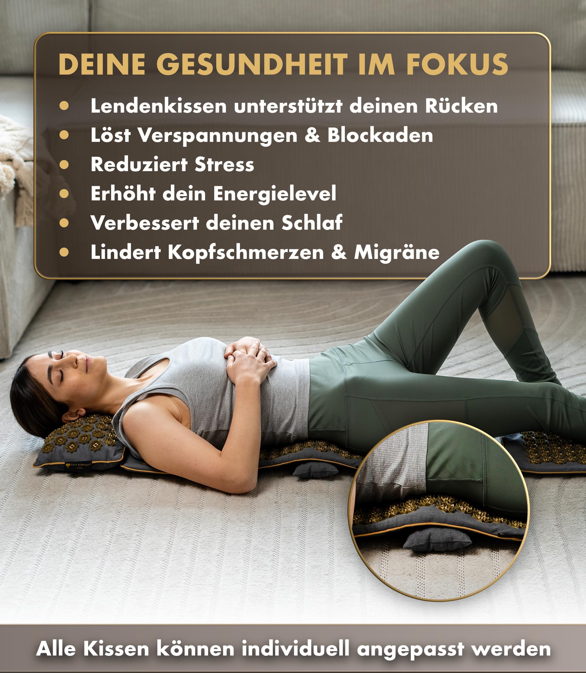 Echte Akupressurmatte mit Kissen XXL Set aus 5 Massagematten Rückenspannung Entlastung Akupunkturmatte mit Wärmefunktion, Lumbalkissen, Doormatte & Tasche, Grau