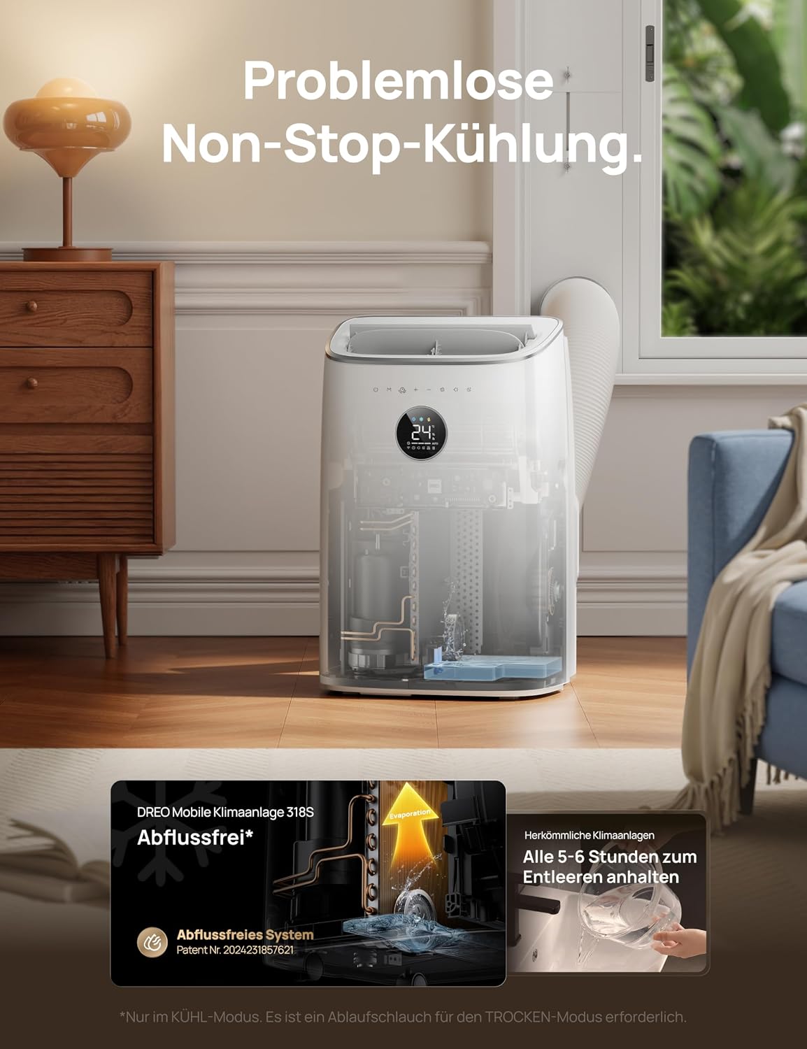 Klimaanlage Mobil, 7.500 BTU Mobiles Klimagerät für Schlafzimmer & Büro, 3-in-1 Kühlen/Ventilieren/Entfeuchten, App- / Sprachsteuerung - Fernbedienung, drainagefrei, Fenster-Set, 2,5 L/h