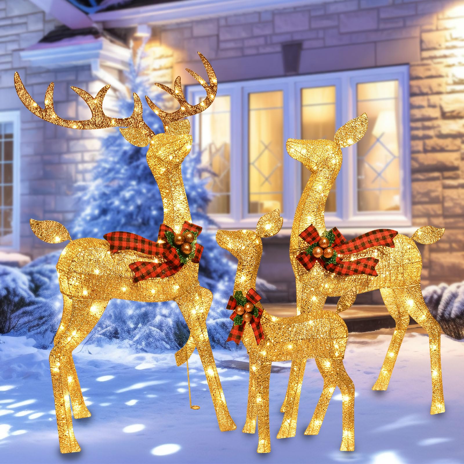 Beleuchtete Weihnachtsdekoration Deer 3 Stücke, Beleuchtete Weihnachtsdekoration Reindeer Familienset für Indoor Outdoor Vorderveranda mit LED, Stecker, Verlängerungskabel, Bodenpfähle, Gold