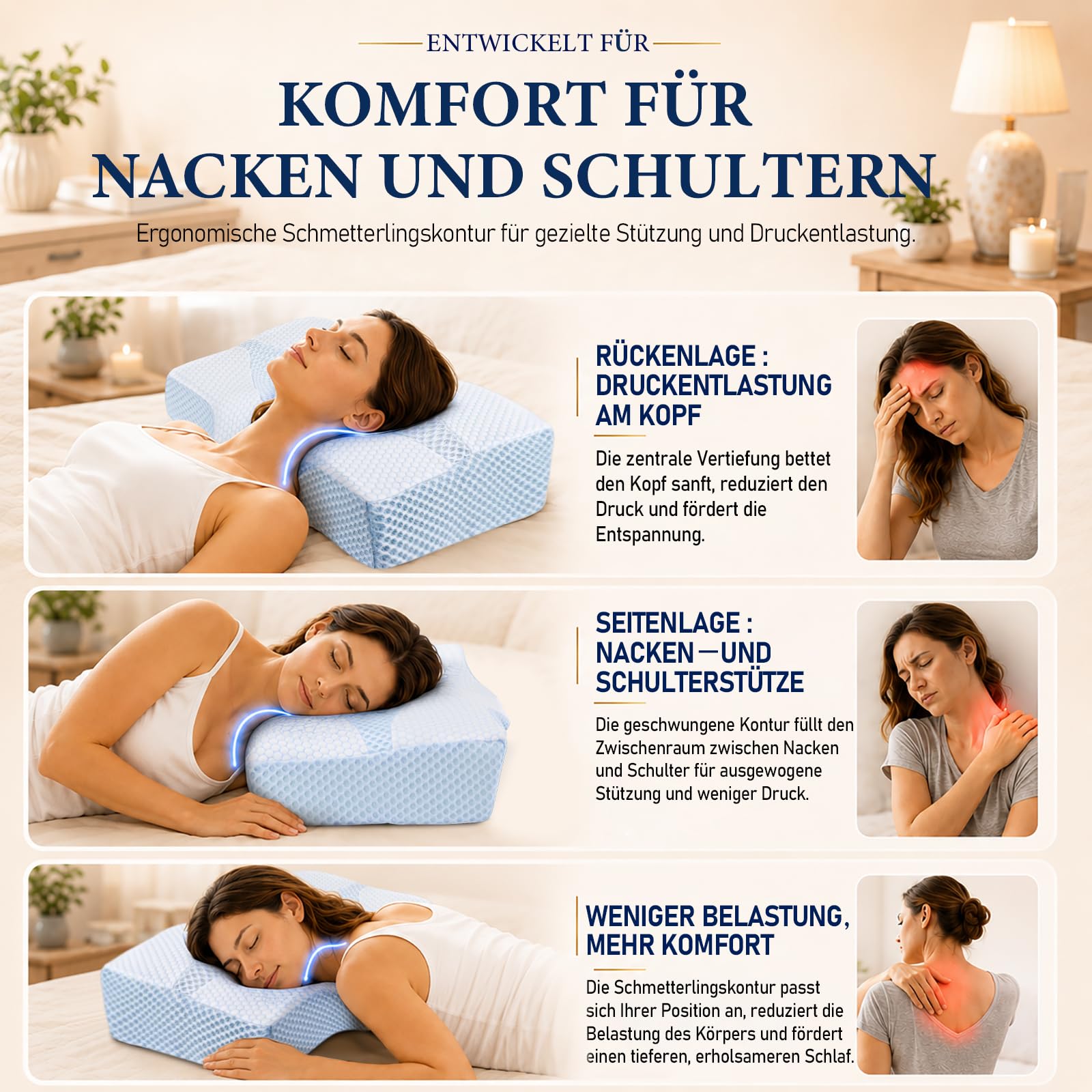 Nackenstützkissen gegen Nackenschmerzen, orthopädisches Kopfkissen, ergonomisches Memory Foam Nackenkissen mit 2 Höhen, Hohlraum & kühlendem Bezug, für Seiten- und Rückenschläfer