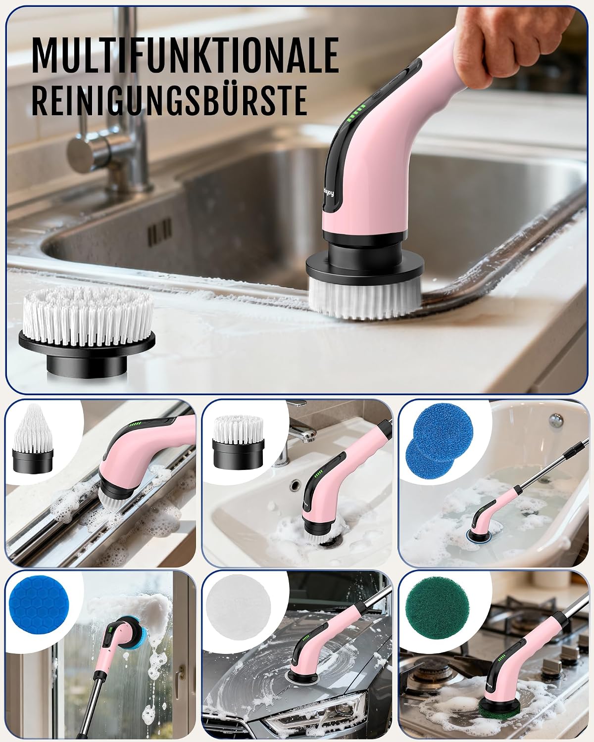 Elektrische Reinigungsbürste, 8 in 1 Electric Cleaning Brush | mit austauschbaren Bohrbürstenköpfen, Wanne mopSet, Elektrische Putzbürste mit Verstellbarem Griff für Bad Küche Auto Fußbode