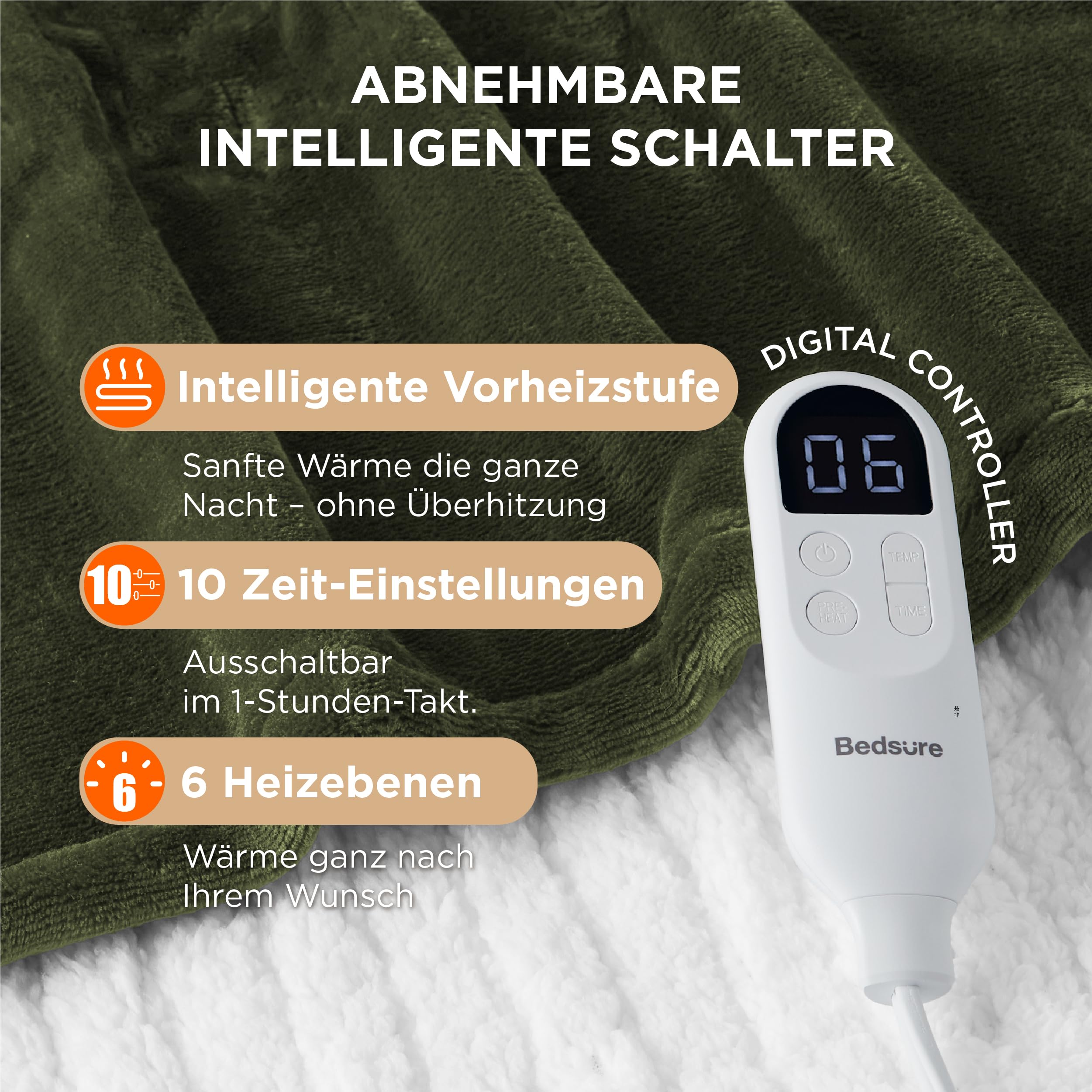 Elektrische Decke mit automatischem Abschalten - Wärmedecke mit 6 Wärmeeinstellungen und 10-Stunden-Timer, bis zu 8 Stunden Überhitzungsschutz, elektrische Kuscheldecke für Zuhause und Büro, 130 x 180 cm