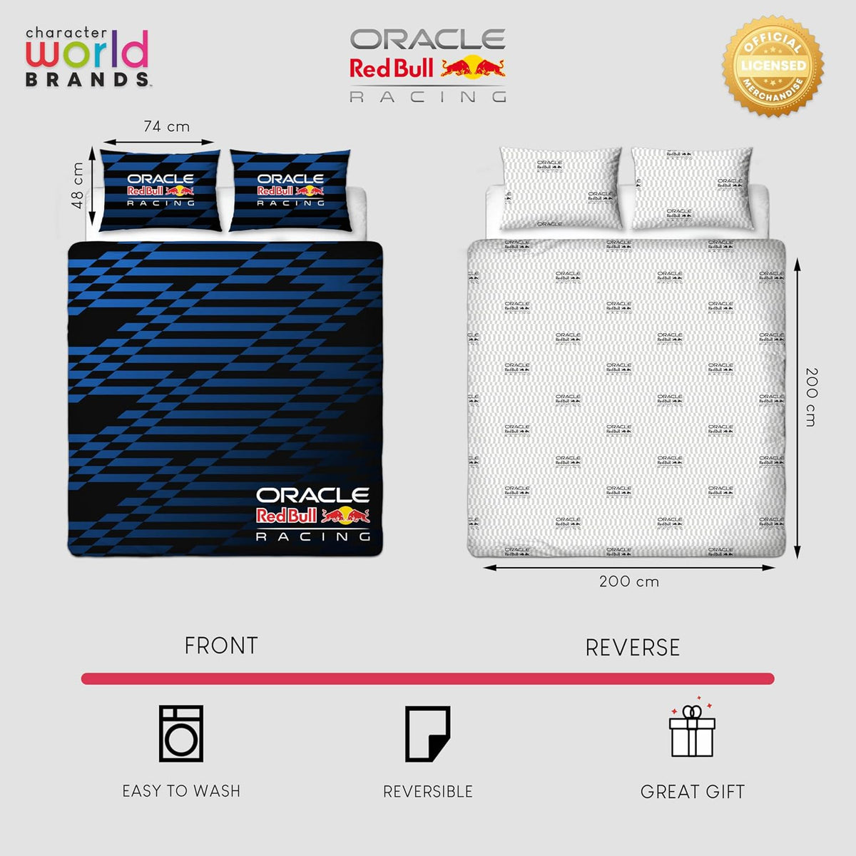 Character World Oracle Red Bull Racing Officially Licensed Double Duvet Cover Set | Automatic Design Reversible 2 Sided Blue Bedding Including Matching Pillow Cases Double Bed Set | Polycotton