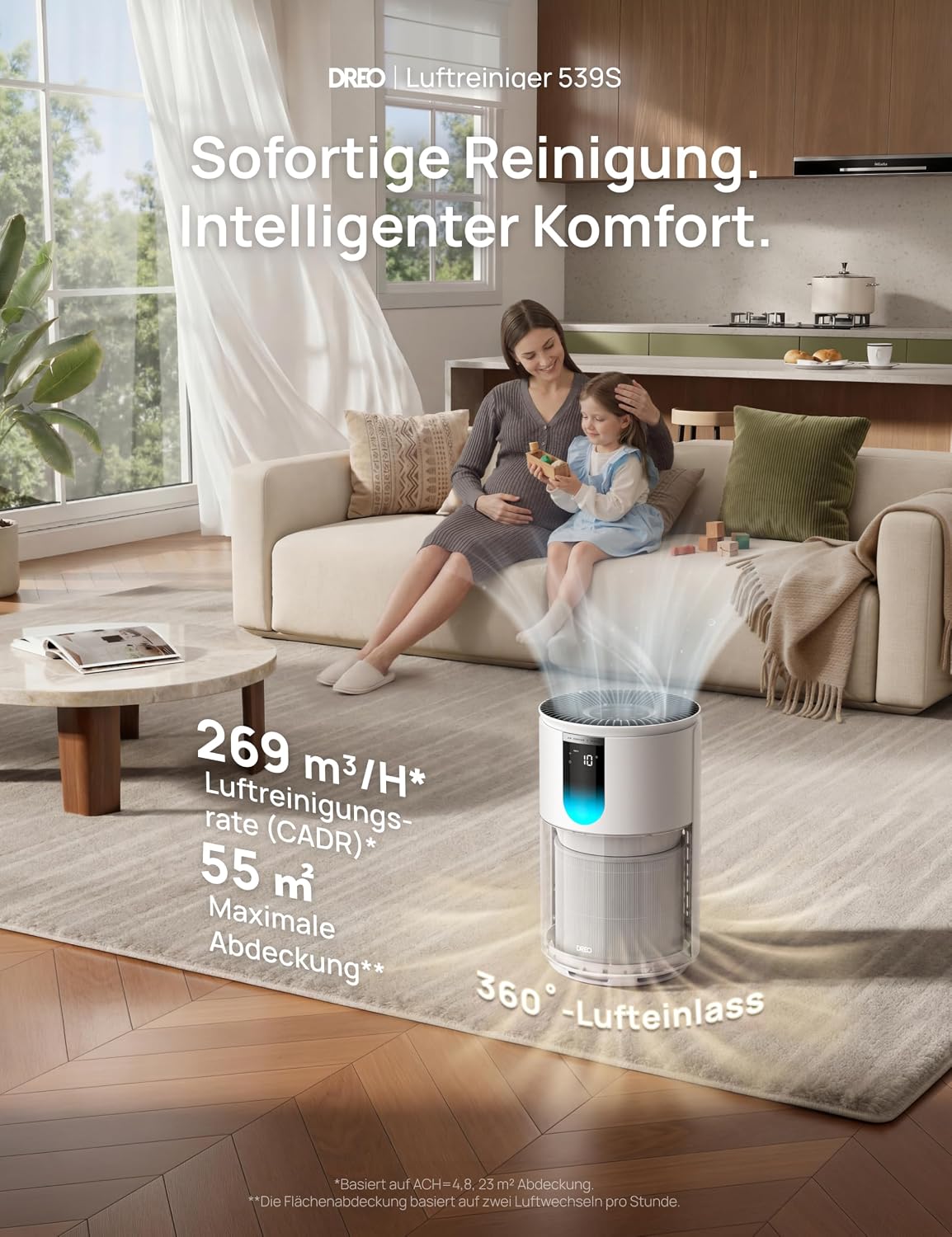 Luftreiniger für Schlafzimmer bis 109 m², gegen Gerüche, Pollen & Rauch, AHAM-verifiziert, 3-in-1 HEPA-Filter, PM2,5-Sensor, Luftqualitätsmonitor, 18 dB, WLAN, Alexa