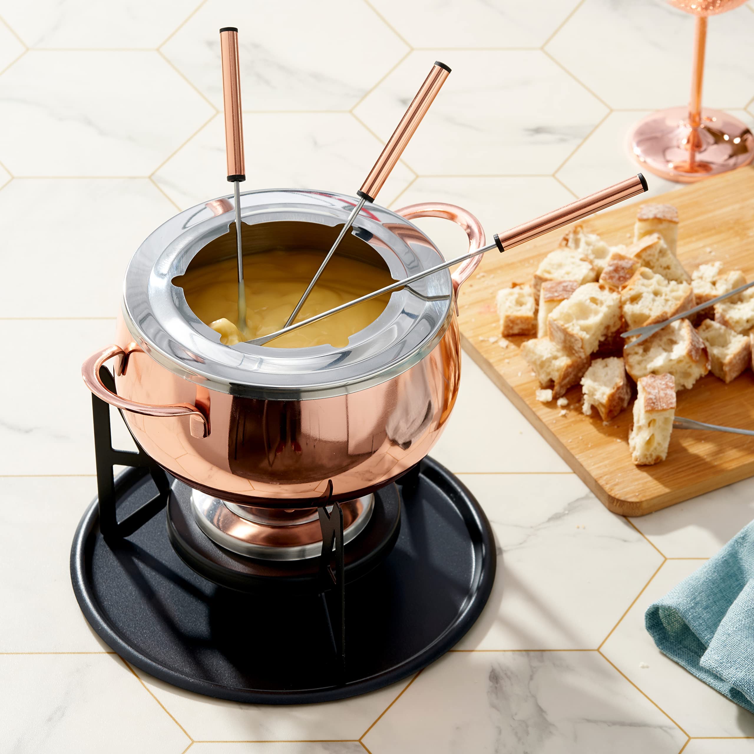 10-teilige Premium-Fondue aus Edelstahl für 6 Personen - Elegantes Silber - Schokolade, Käse, Fleisch - Robust & Chic - Geschenkset für Valentinstag/Geburtstag/Jubiläum