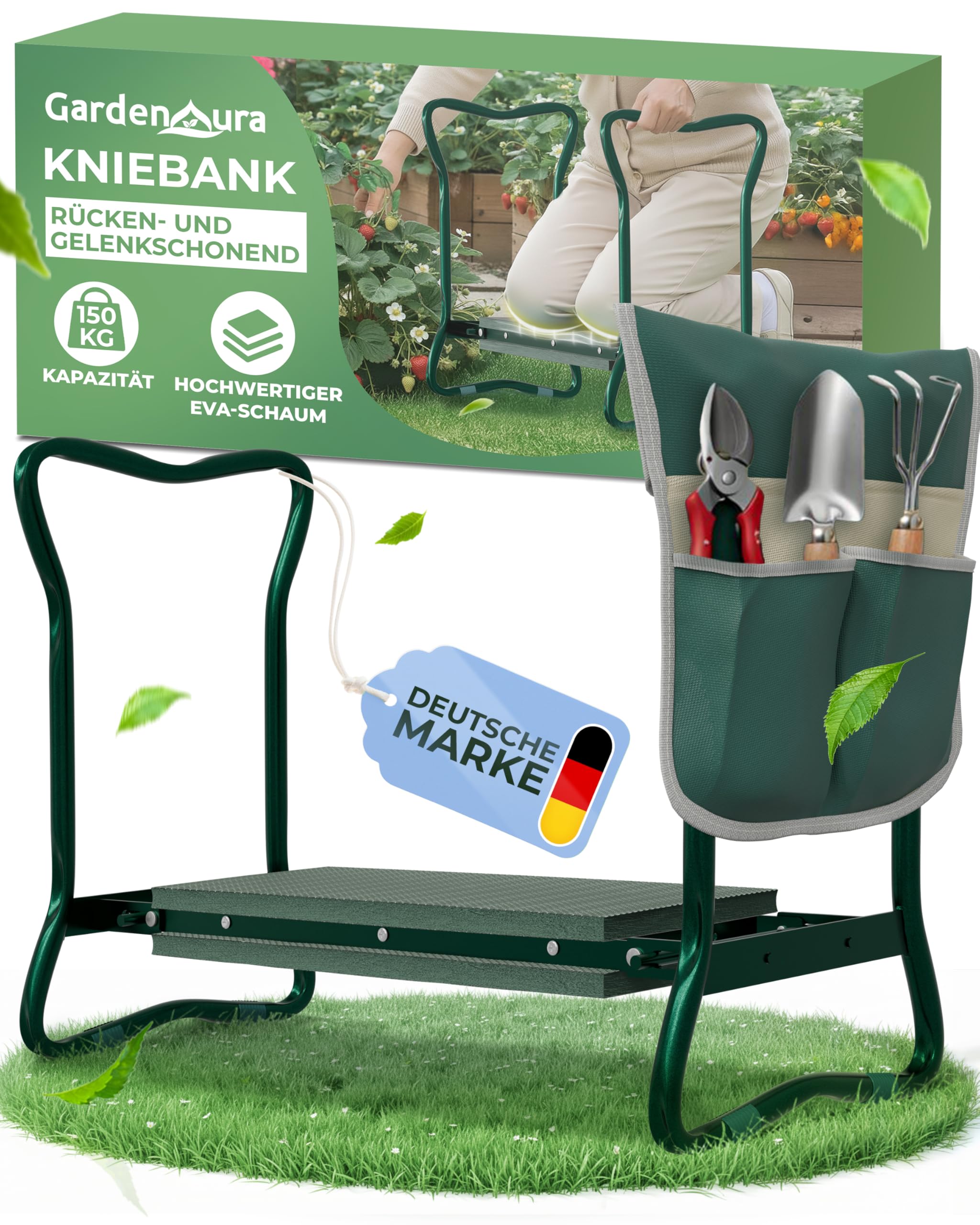Kniebank für Gartenarbeit - Gartenhocker mit Werkzeugtasche - Garten Kniebank Rücken- und Gelenkschonend bis 150kg belastbar - Gartenhocker klappbar für idealen Knie Komfort
