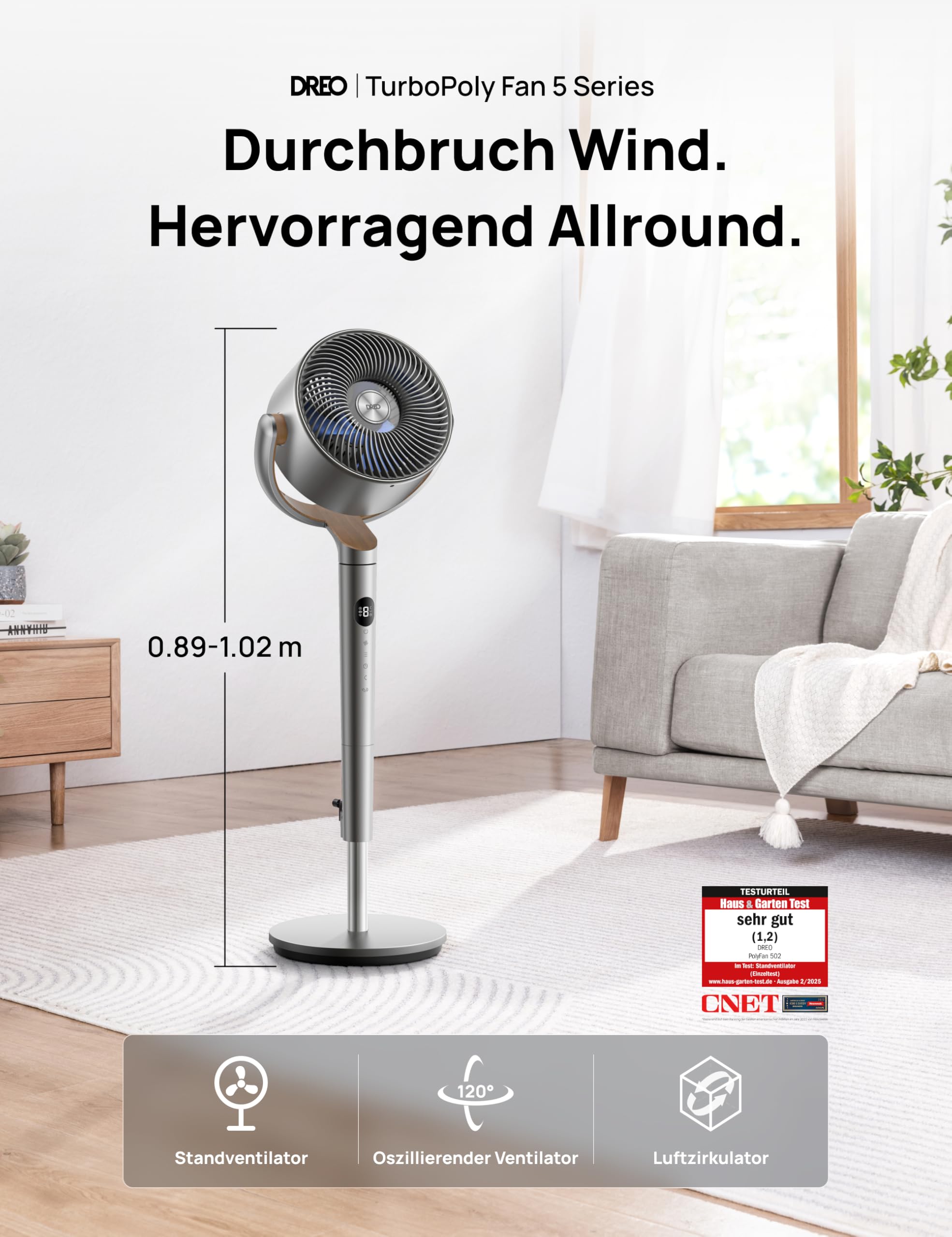 Starker Standventilator Smart mit RGB Light, 120° +120° Oszillierender Ventilator mit Fernbedienung, 20dB Leiser Bodenventilator / Turmventilator für Schlafzimmer, 8H Timer, Silber