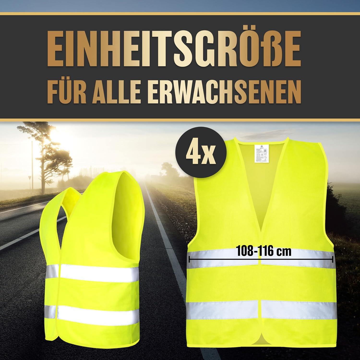 Warnwesten Auto 4er Set Europaweit gültig nach aktueller Norm 2026 EN ISO 20471 - Reflektierende Warnweste Auto - Sicherheitsweste Gelb - Warnschutzweste - Auto Warnweste für Erwachsene