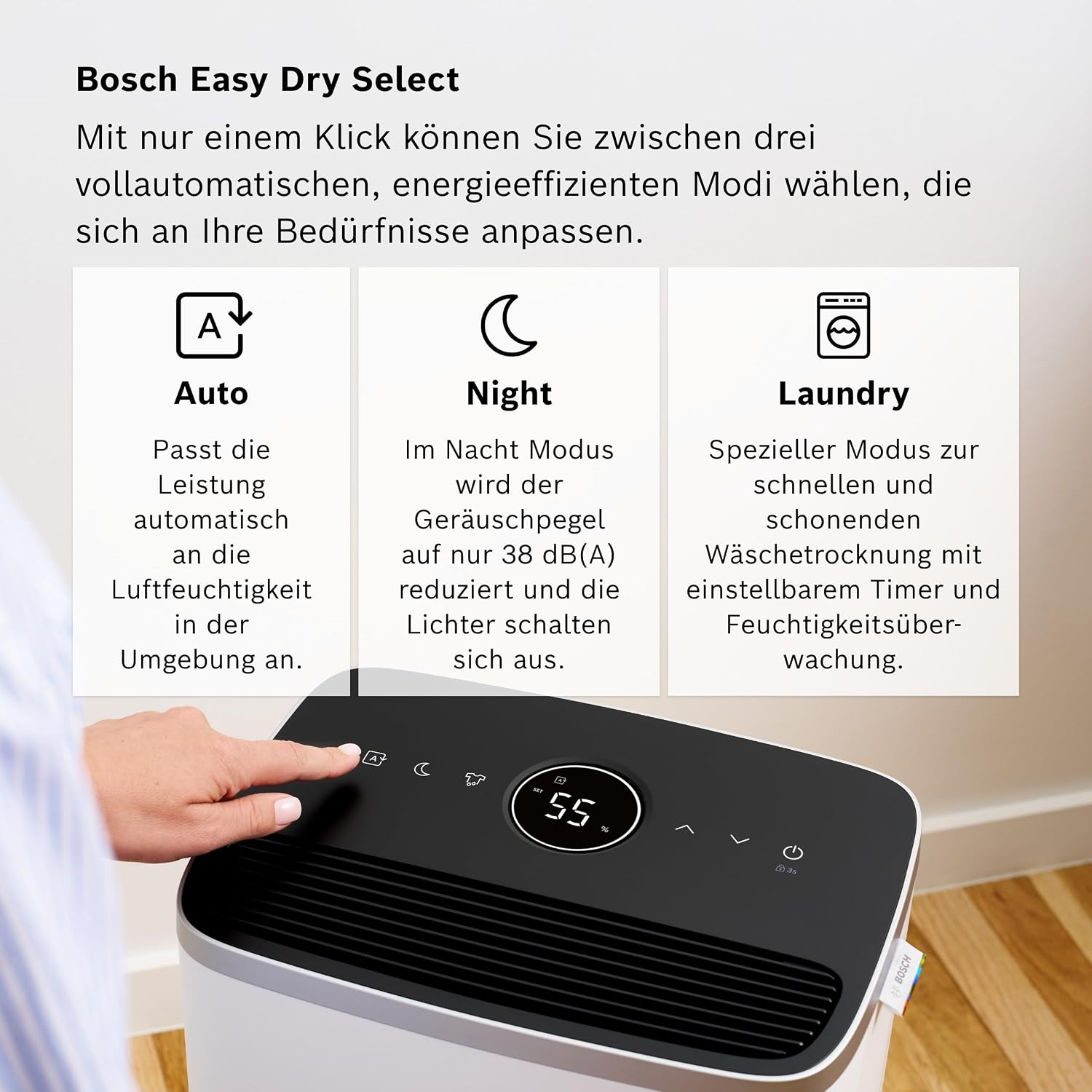 Bosch Dry, Luftentfeuchter, Für Räume bis zu 33 m² | Einfach, Effizient, Leise, Ideal für Deine Wohnung & die schnelle Trocknung Deiner Wäsche