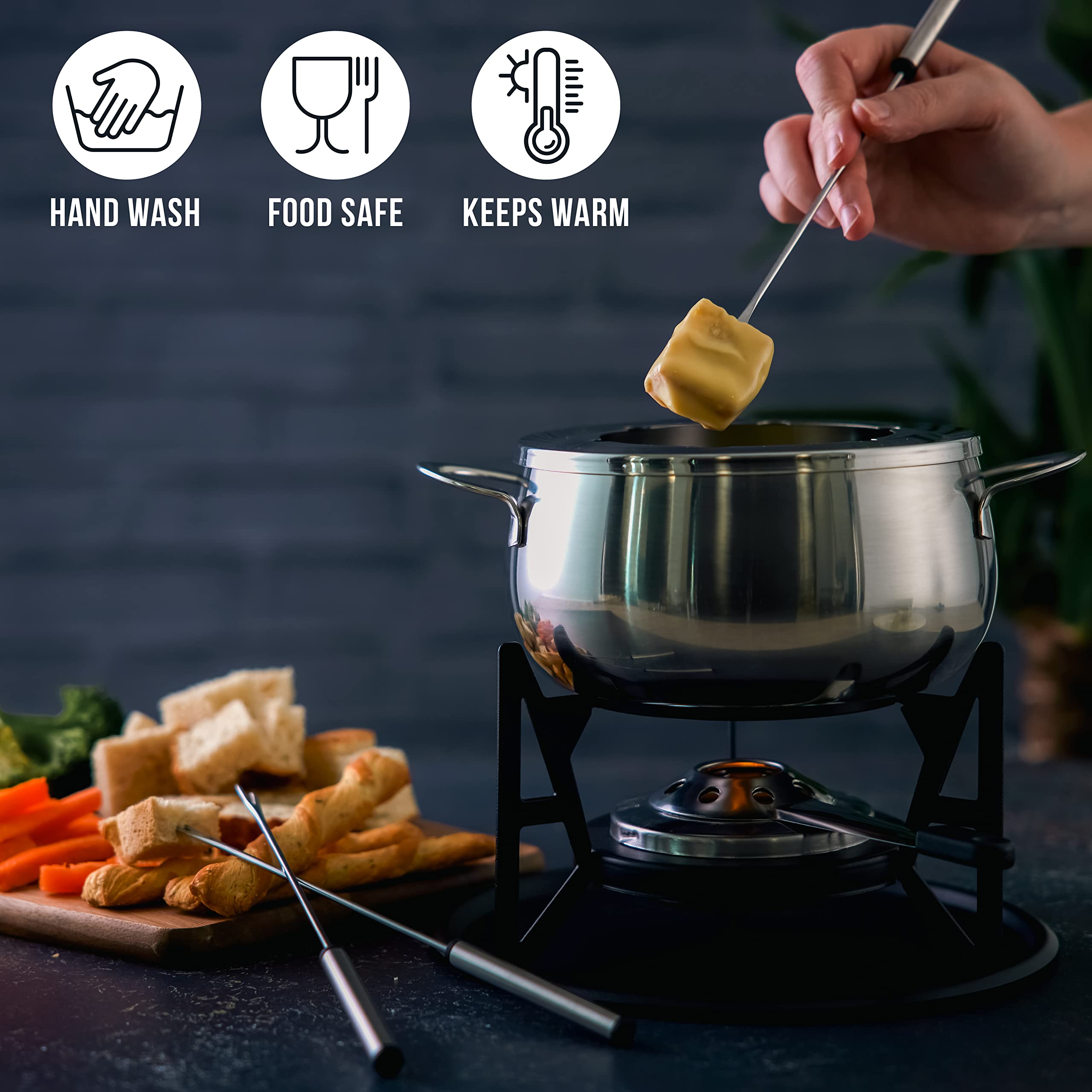 10-teilige Premium-Fondue aus Edelstahl für 6 Personen - Elegantes Silber - Schokolade, Käse, Fleisch - Robust & Chic - Geschenkset für Valentinstag/Geburtstag/Jubiläum