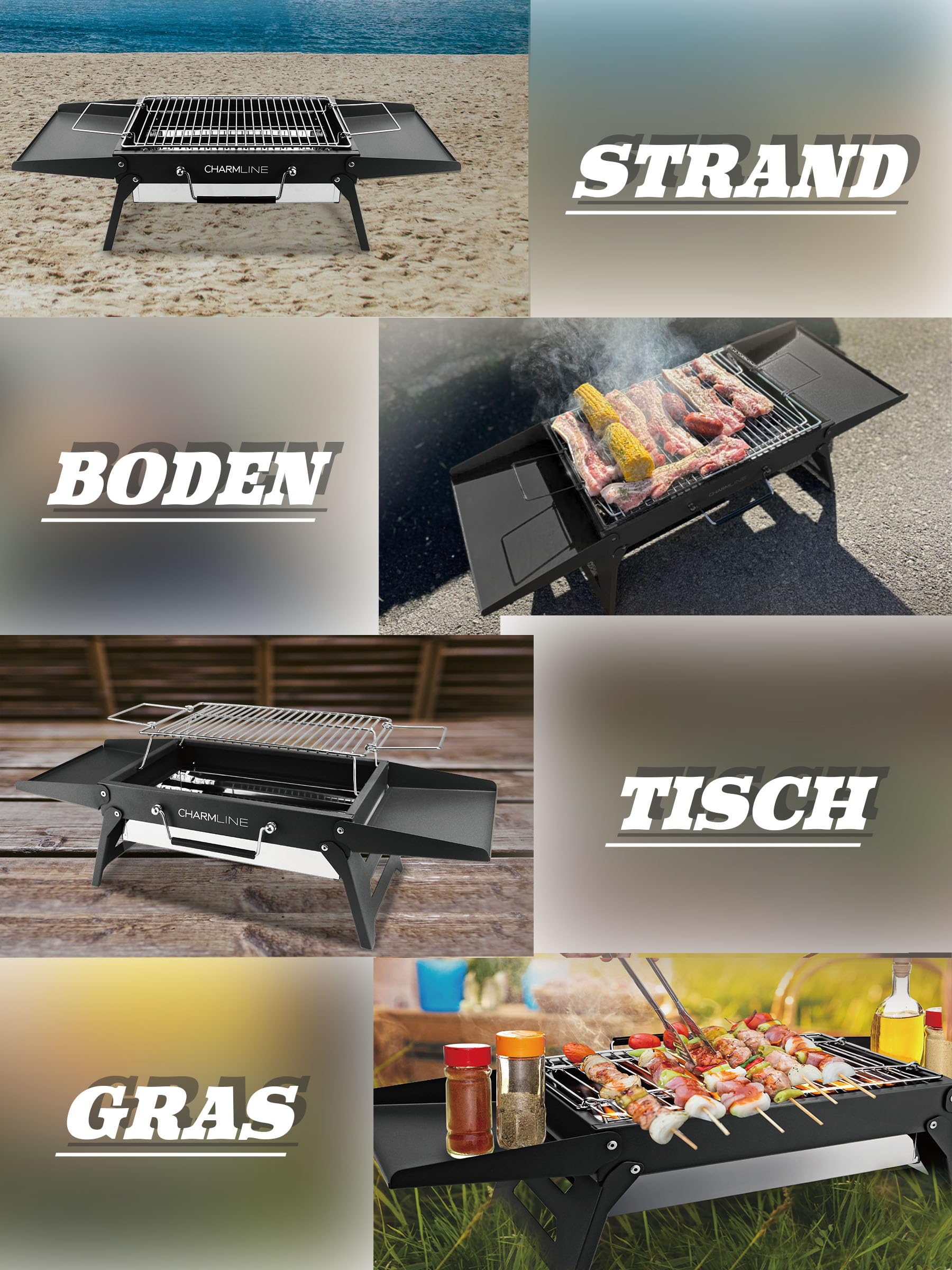 Tragbarer Holzkohlegrill, Klappbarer Campinggrill 35 x 23 cm für 1–3 Personen, Mini BBQ Grill für Balkon, Garten, Camping, Picknick und Strand